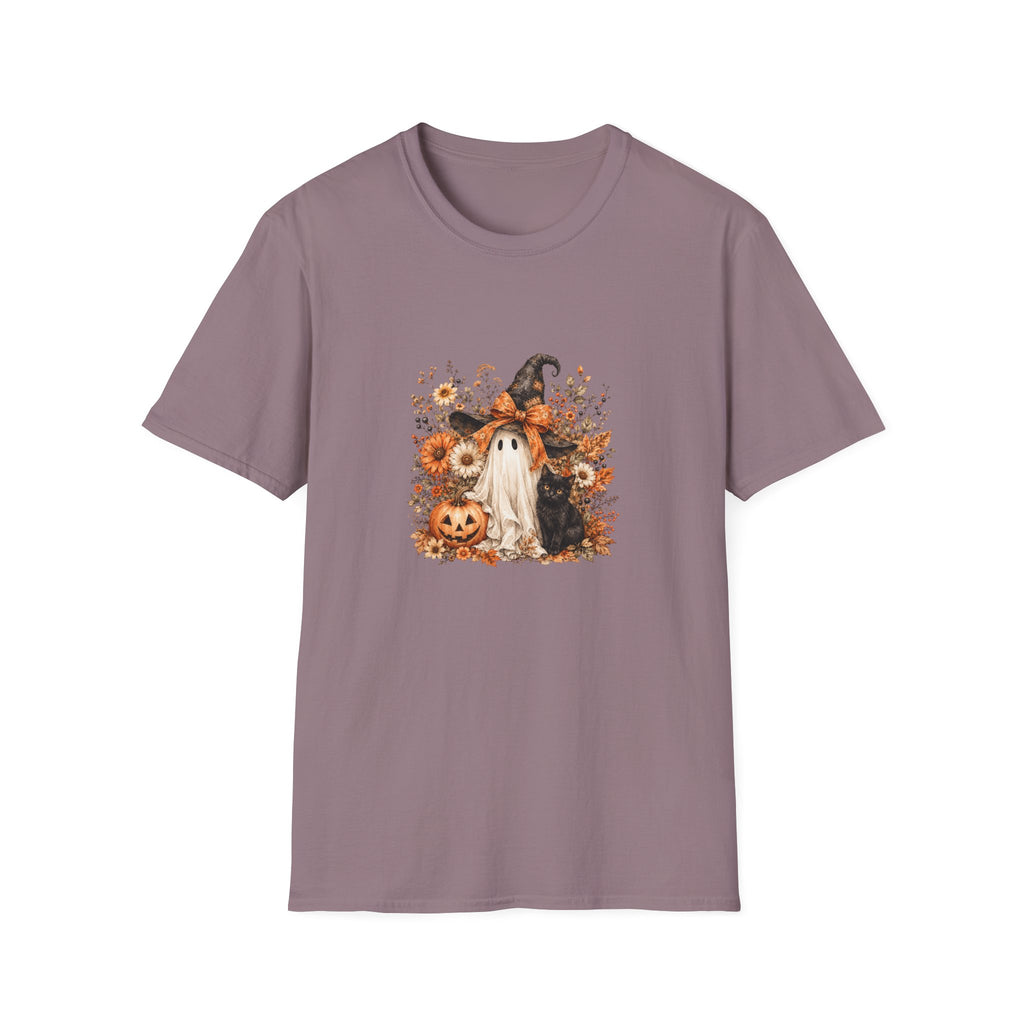 Halloween Witch Ghost & Cat T-Shirt — Cute Spooky Gift for Women Fall Floral Tee