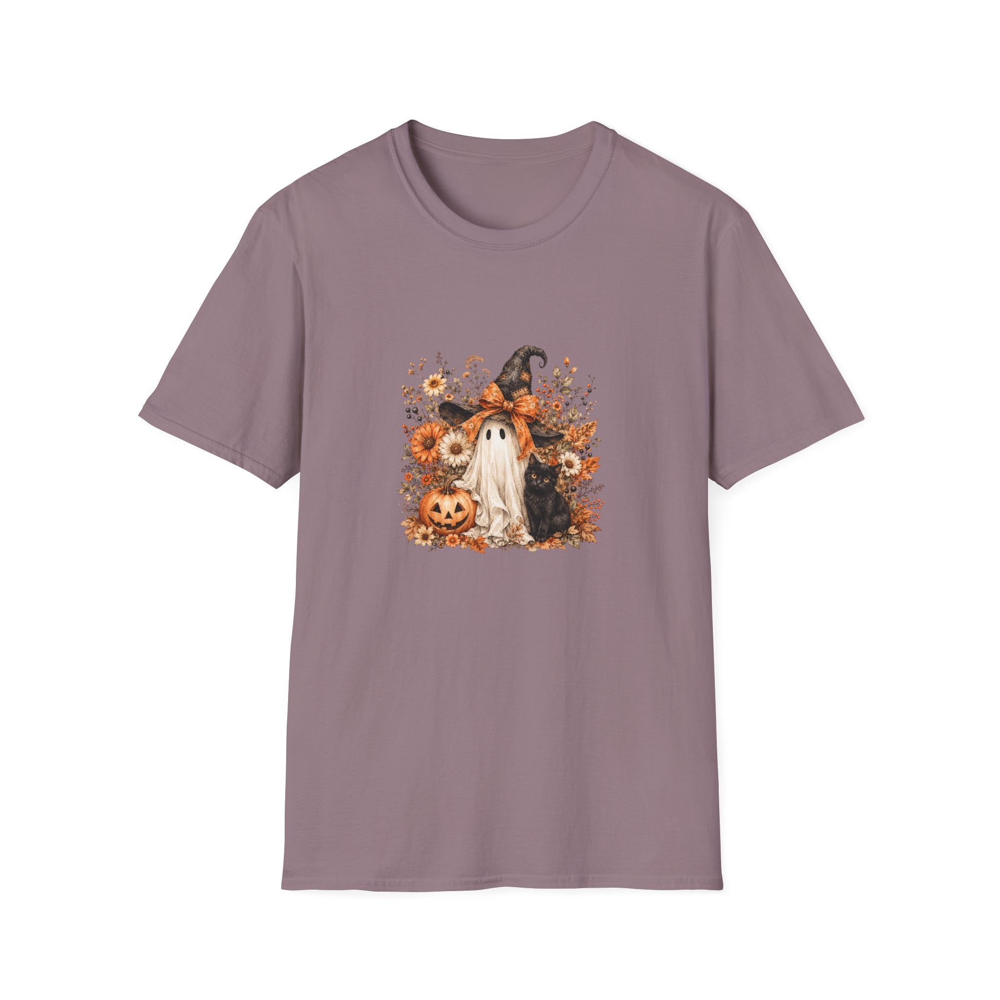 Halloween Witch Ghost & Cat T-Shirt — Cute Spooky Gift for Women Fall Floral Tee