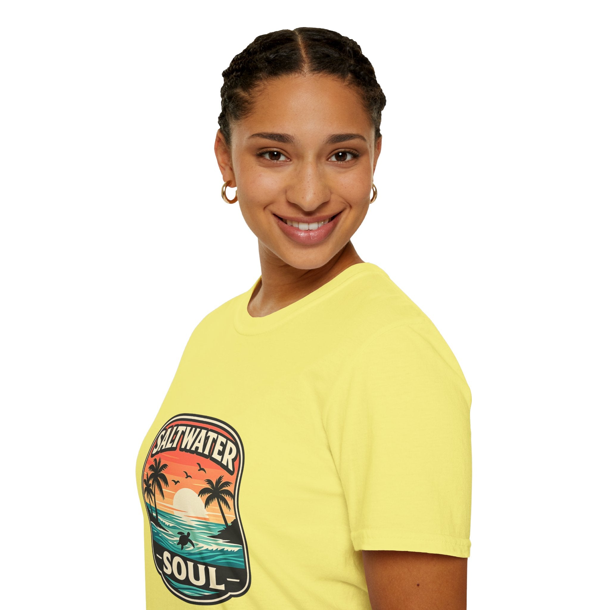 Saltwater Soul Retro Beach T-Shirt — Cute Coastal Gift for Women Sunset Palm Tee