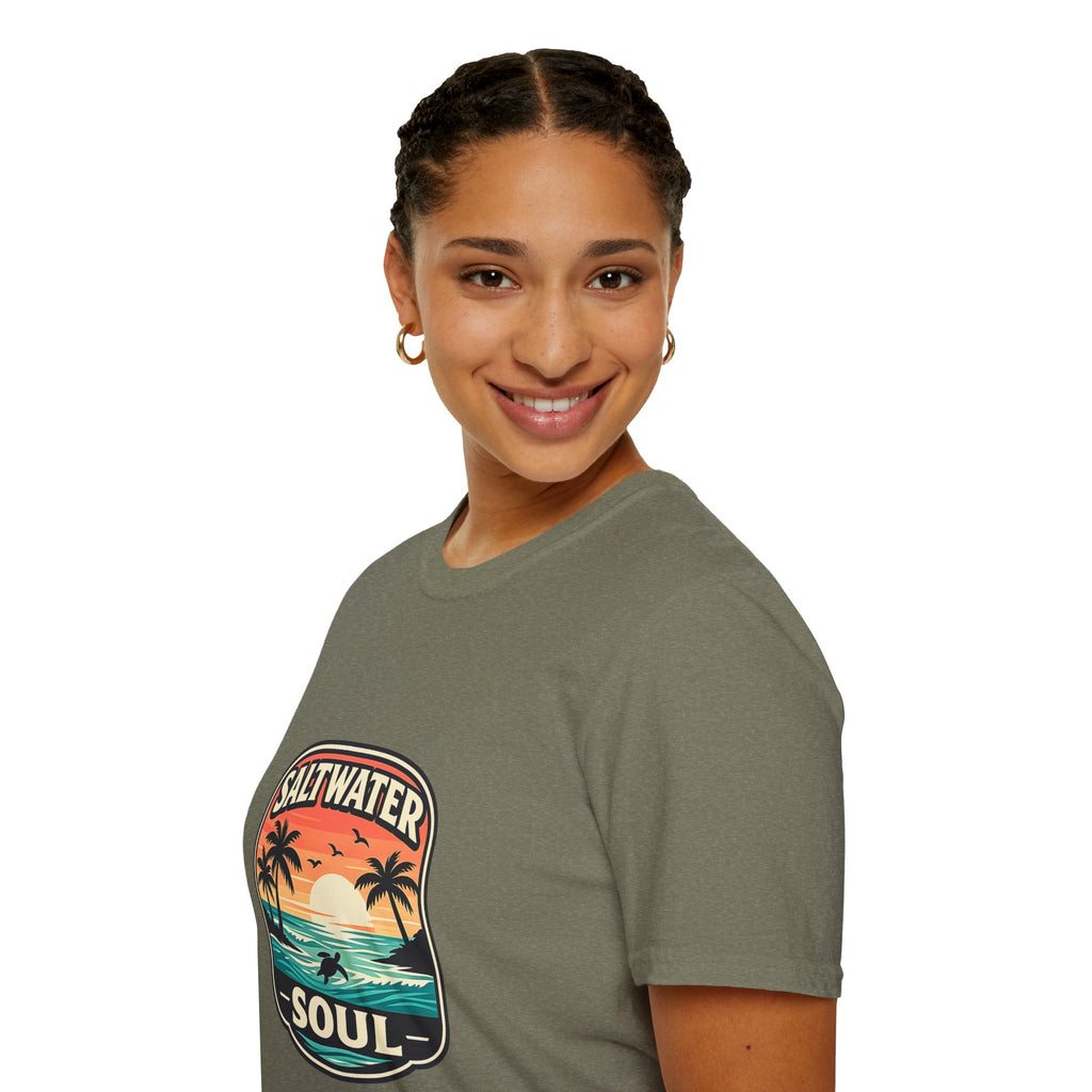 Saltwater Soul Retro Beach T-Shirt — Cute Coastal Gift for Women Sunset Palm Tee