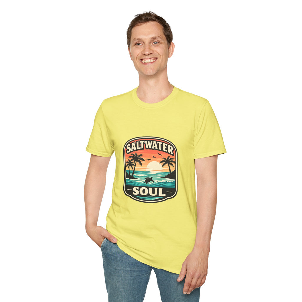 Saltwater Soul Retro Beach T-Shirt — Cute Coastal Gift for Women Sunset Palm Tee