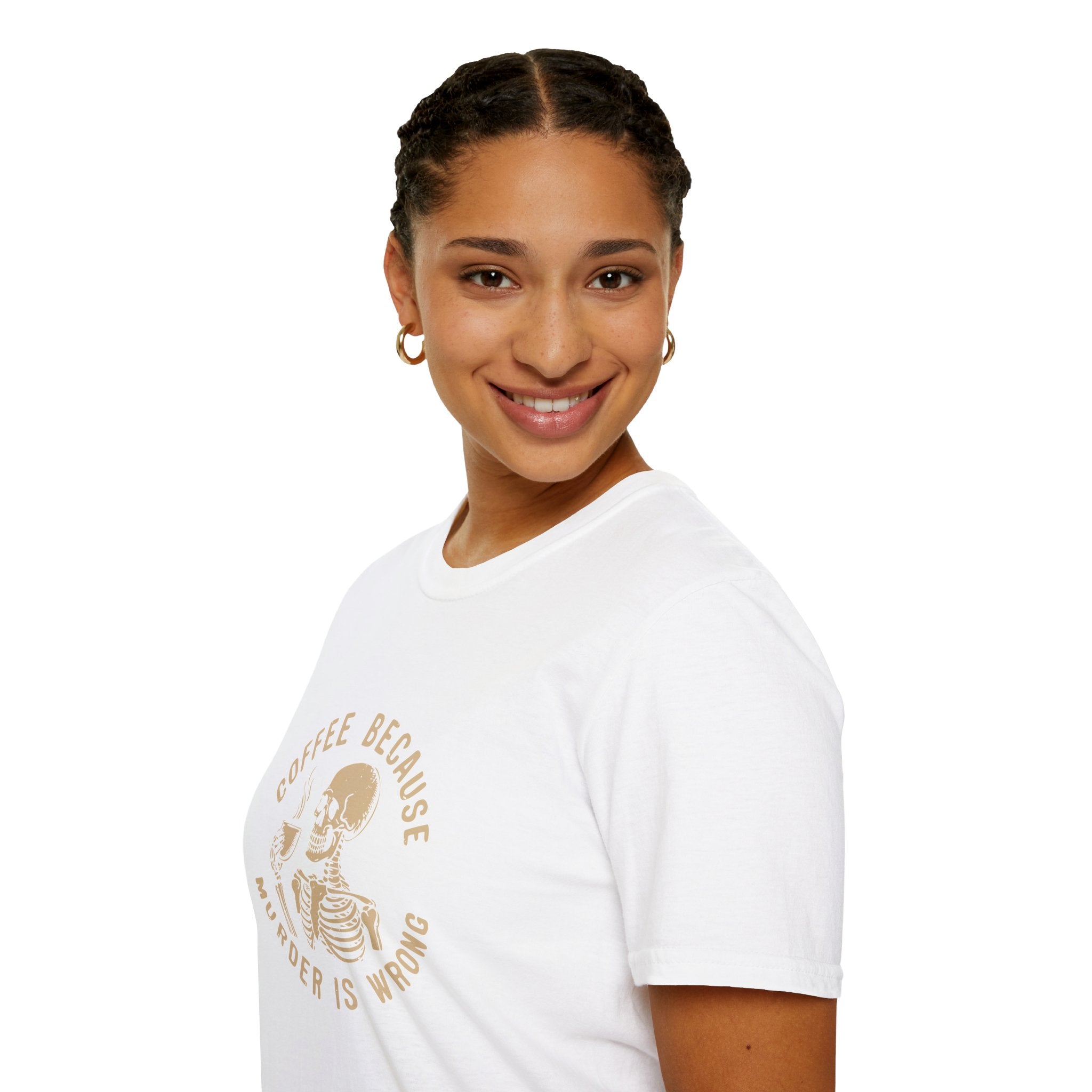 Coffee Because Murder Is Wrong Skull T-Shirt — Funny Dark Humor Gift for Her Graphic Tee