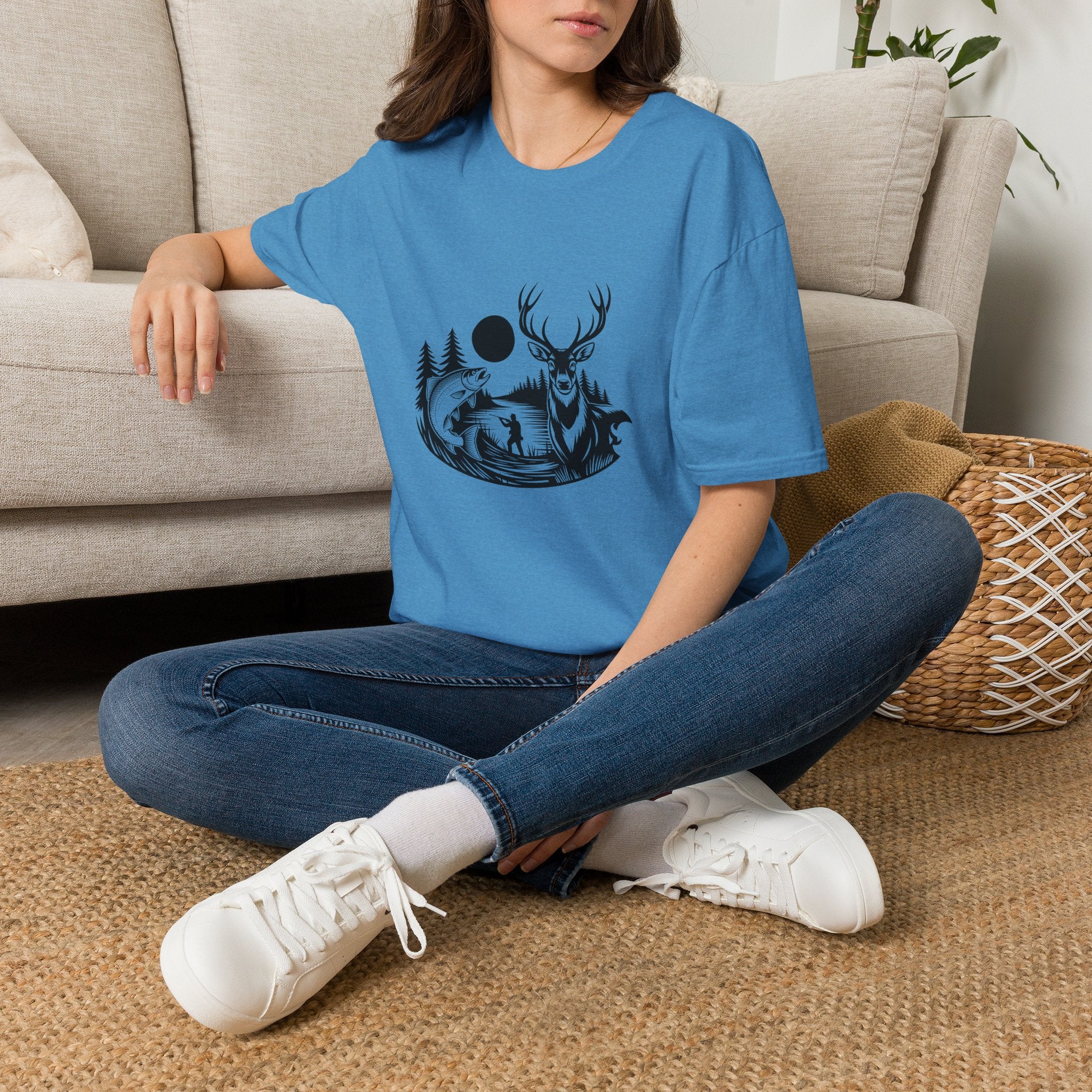 Deer & Fish Forest Silhouette T-Shirt — Rustic Outdoor Gift for Hunters Graphic Tee