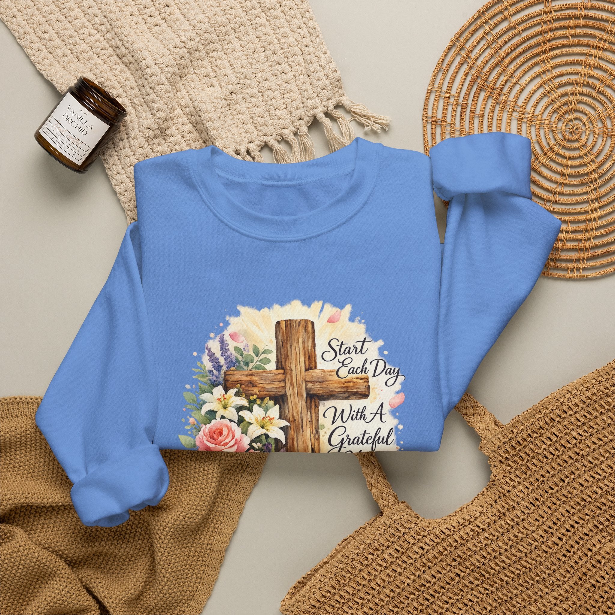 Christian Crewneck Sweatshirt — "Start Each Day with a Grateful Heart" Floral Cross