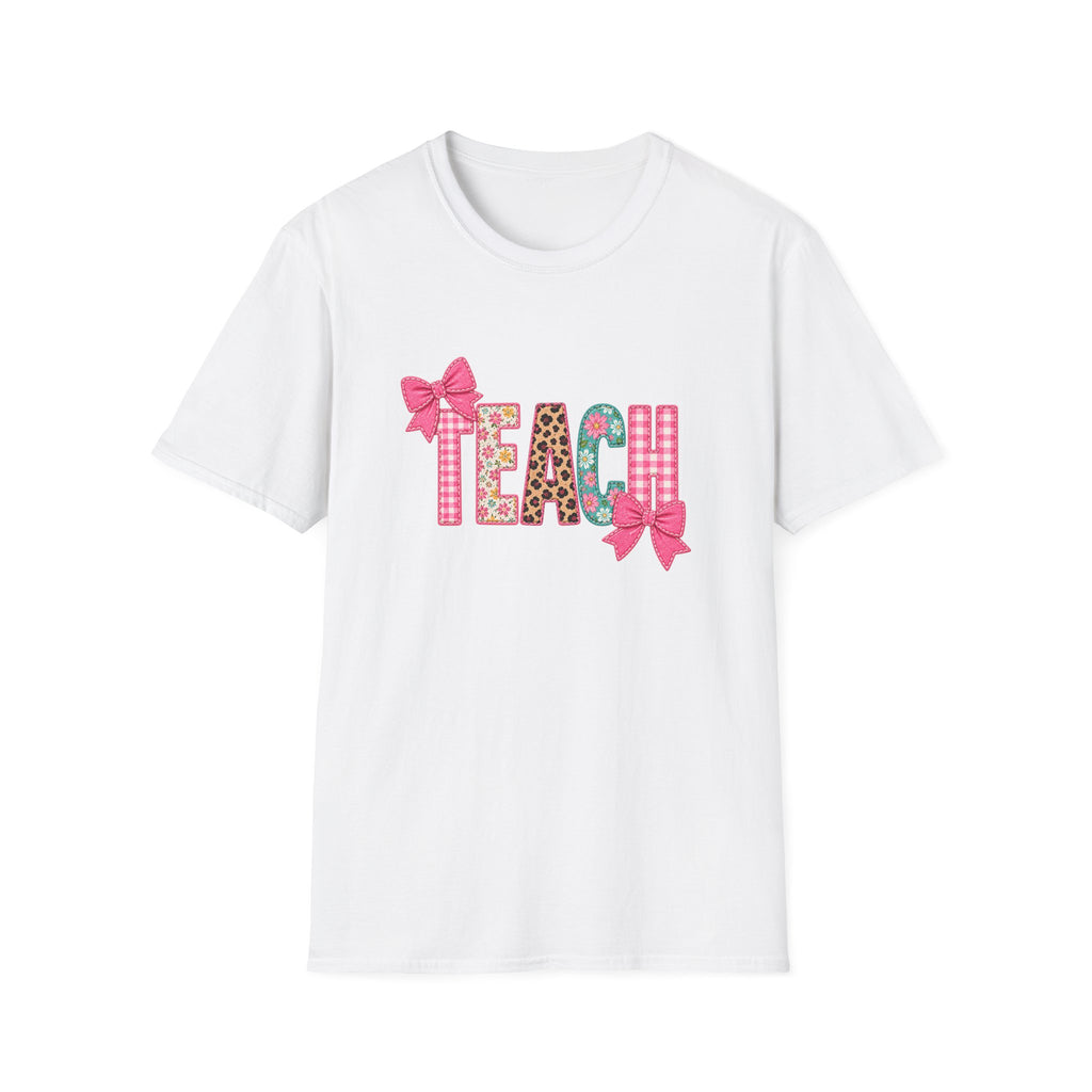 Floral Leopard TEACH T-Shirt — Cute Back-to-School Gift for Teachers Pink Bow Tee