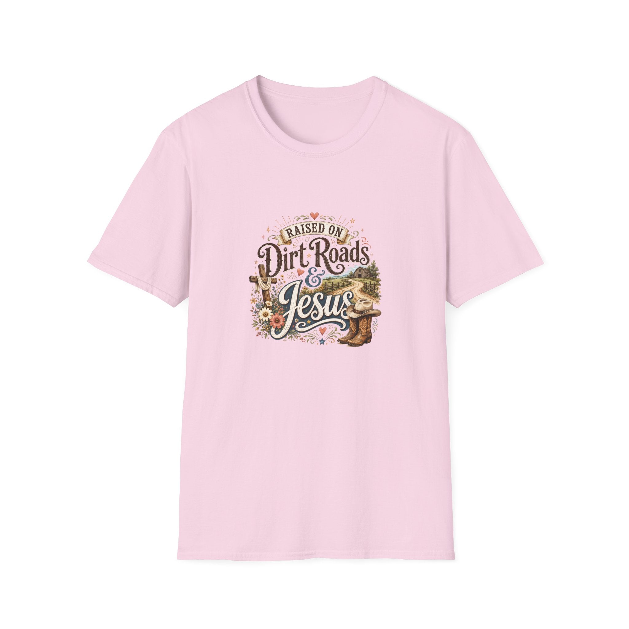 Raised on Dirt Roads & Jesus T-Shirt — Rustic Christian Gift for Women Faith Tee