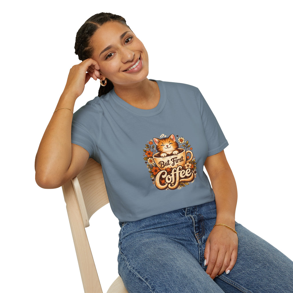 But First Coffee Cat T-Shirt — Cute Floral Gift for Coffee Lovers Women's Tee