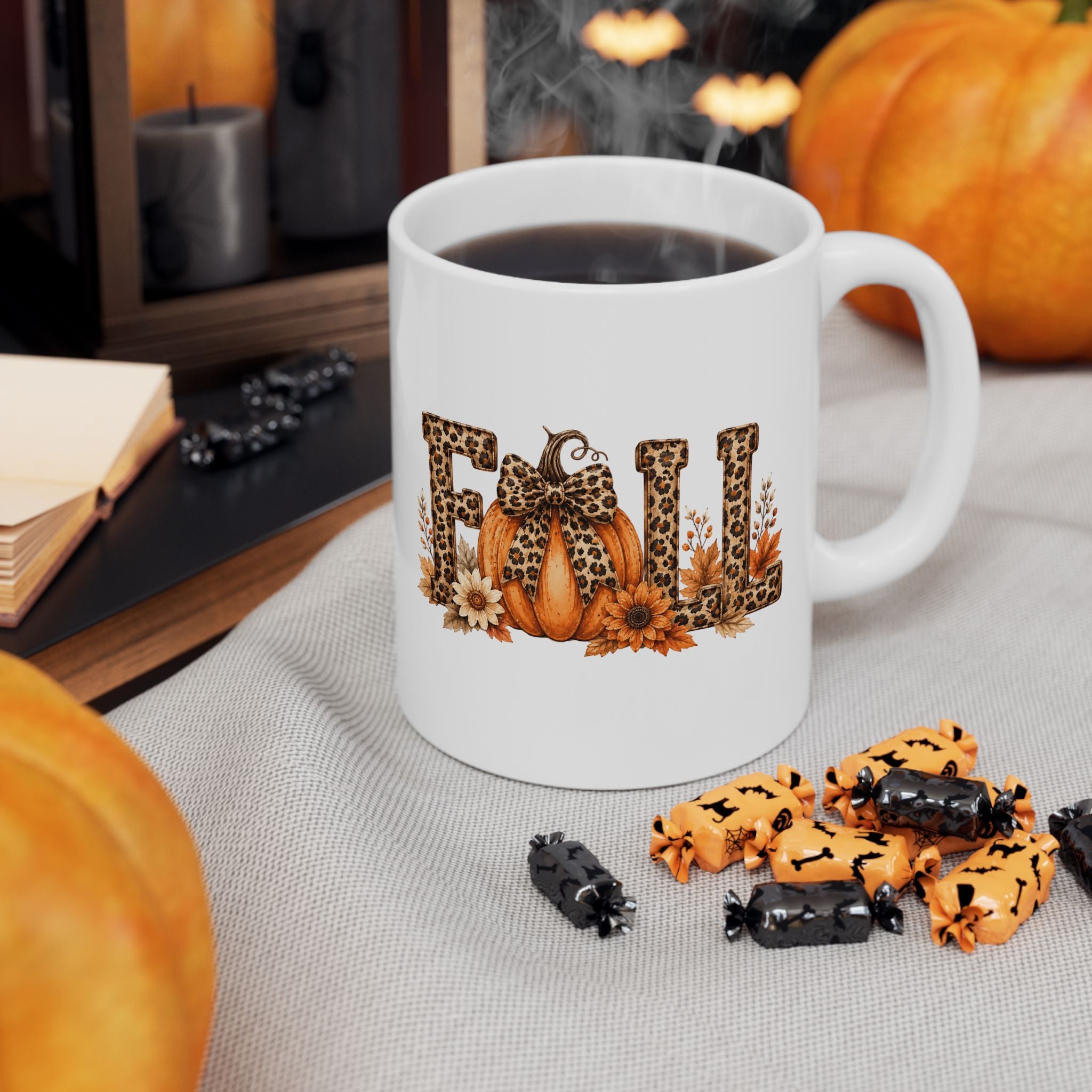 Fall Floral Leopard Sunflower Mug — Cute Autumn Gift Ceramic Coffee Cup 11oz 15oz