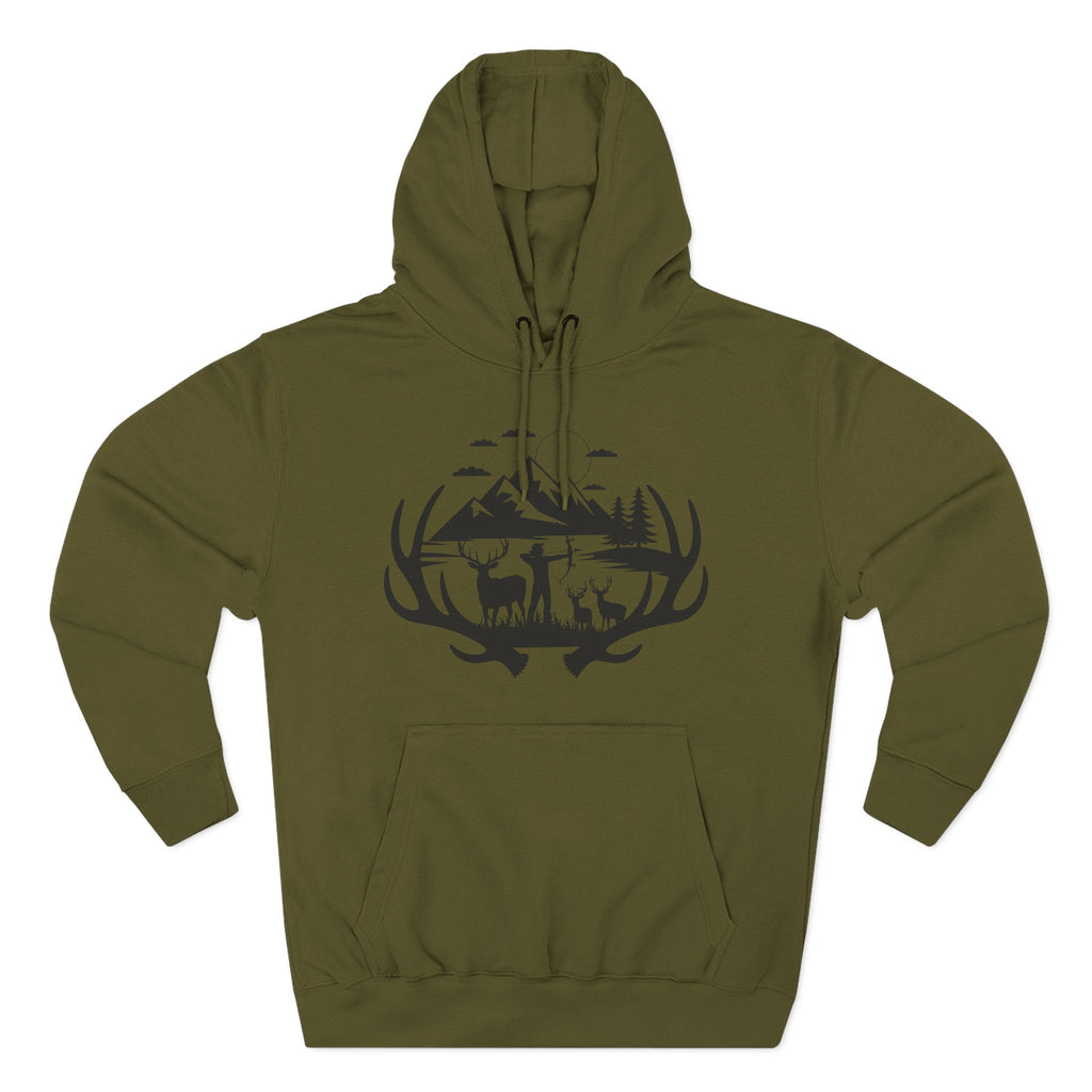 Deer Antler Mountain Hoodie — Rustic Outdoor Gift for Him Wildlife Graphic Pullover