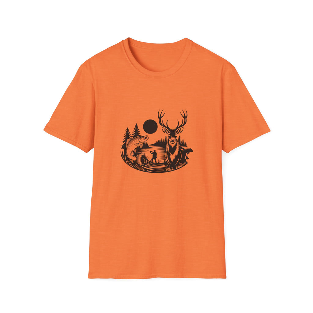 Deer & Fish Forest Silhouette T-Shirt — Rustic Outdoor Gift for Hunters Graphic Tee