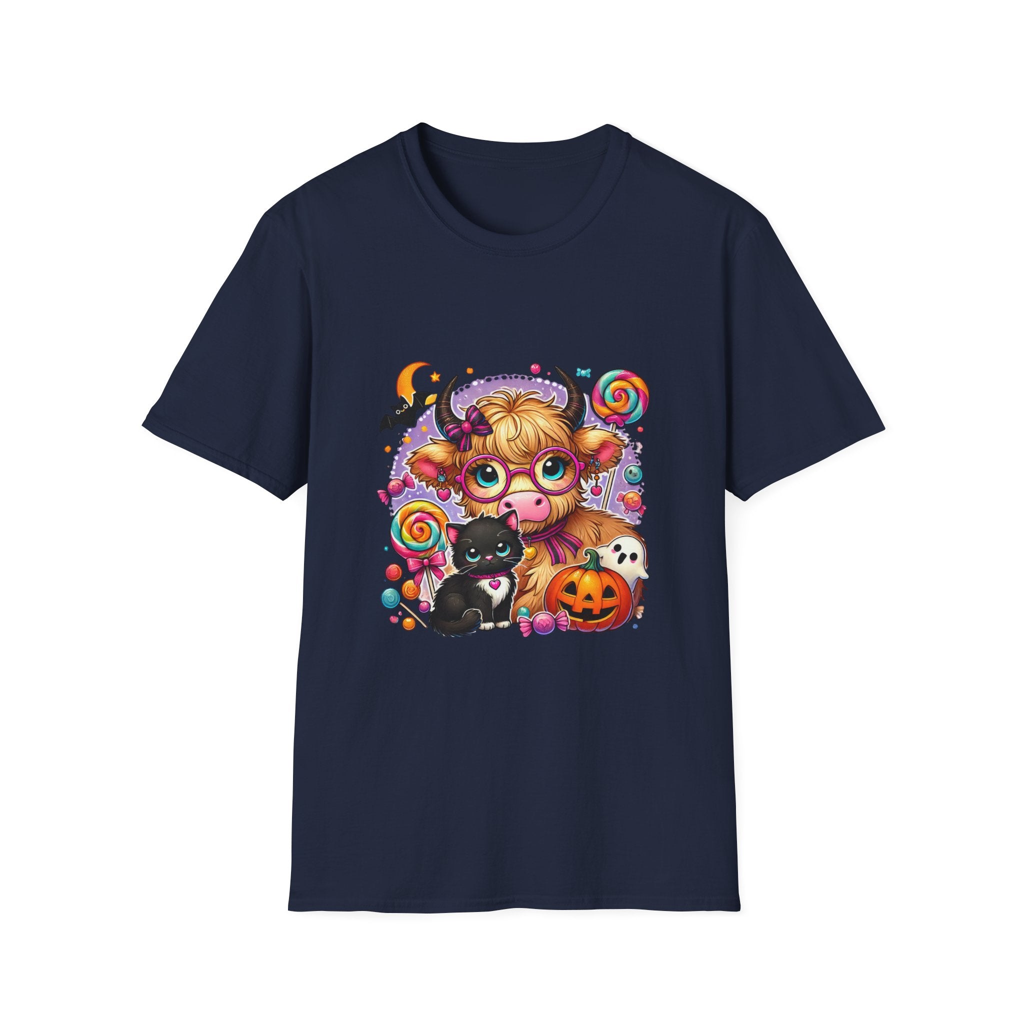Cute Halloween Cow T-Shirt — Funny Gift for Her Candy Pumpkins & Kitty Costume Tee