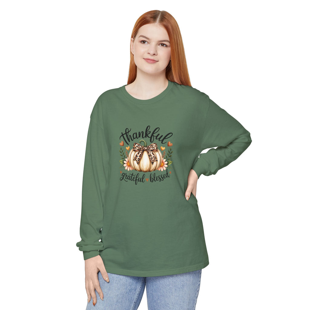 Thankful Grateful Blessed Pumpkin Long Sleeve — Cute Fall Thanksgiving Gift for Women