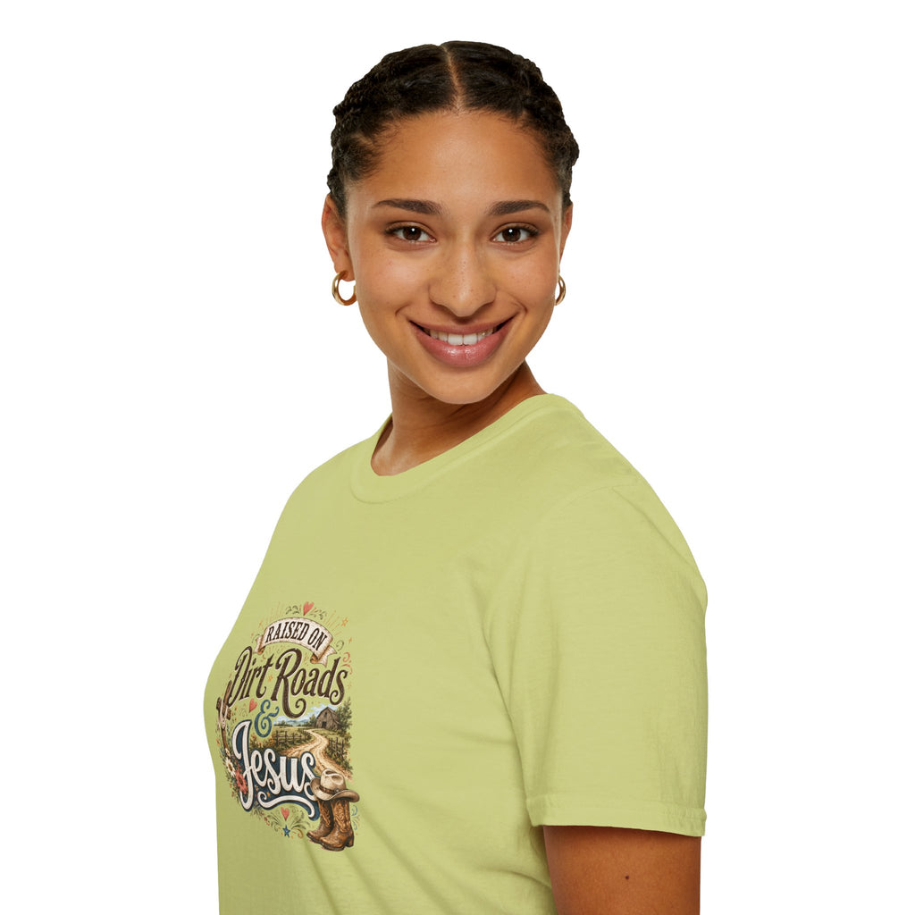 Raised on Dirt Roads & Jesus T-Shirt — Rustic Christian Gift for Women Faith Tee