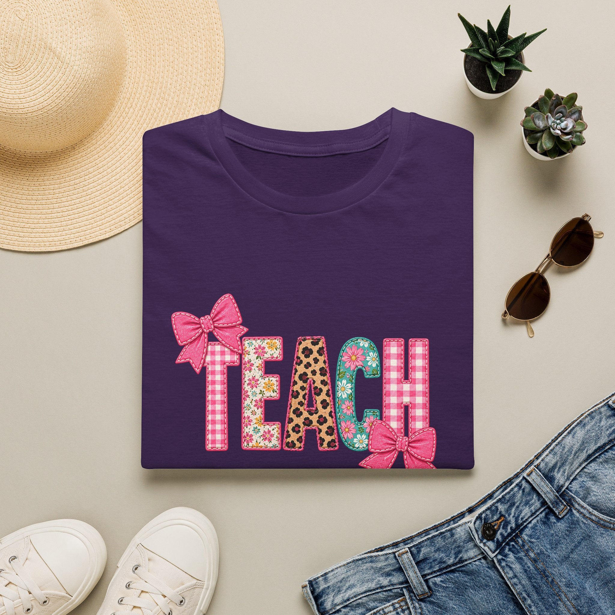 Floral Leopard TEACH T-Shirt — Cute Back-to-School Gift for Teachers Pink Bow Tee