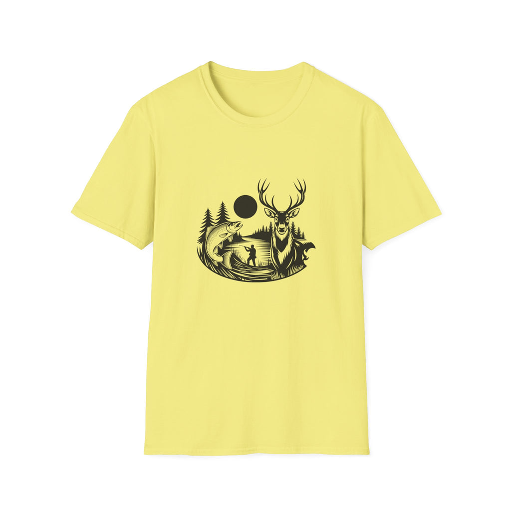 Deer & Fish Forest Silhouette T-Shirt — Rustic Outdoor Gift for Hunters Graphic Tee