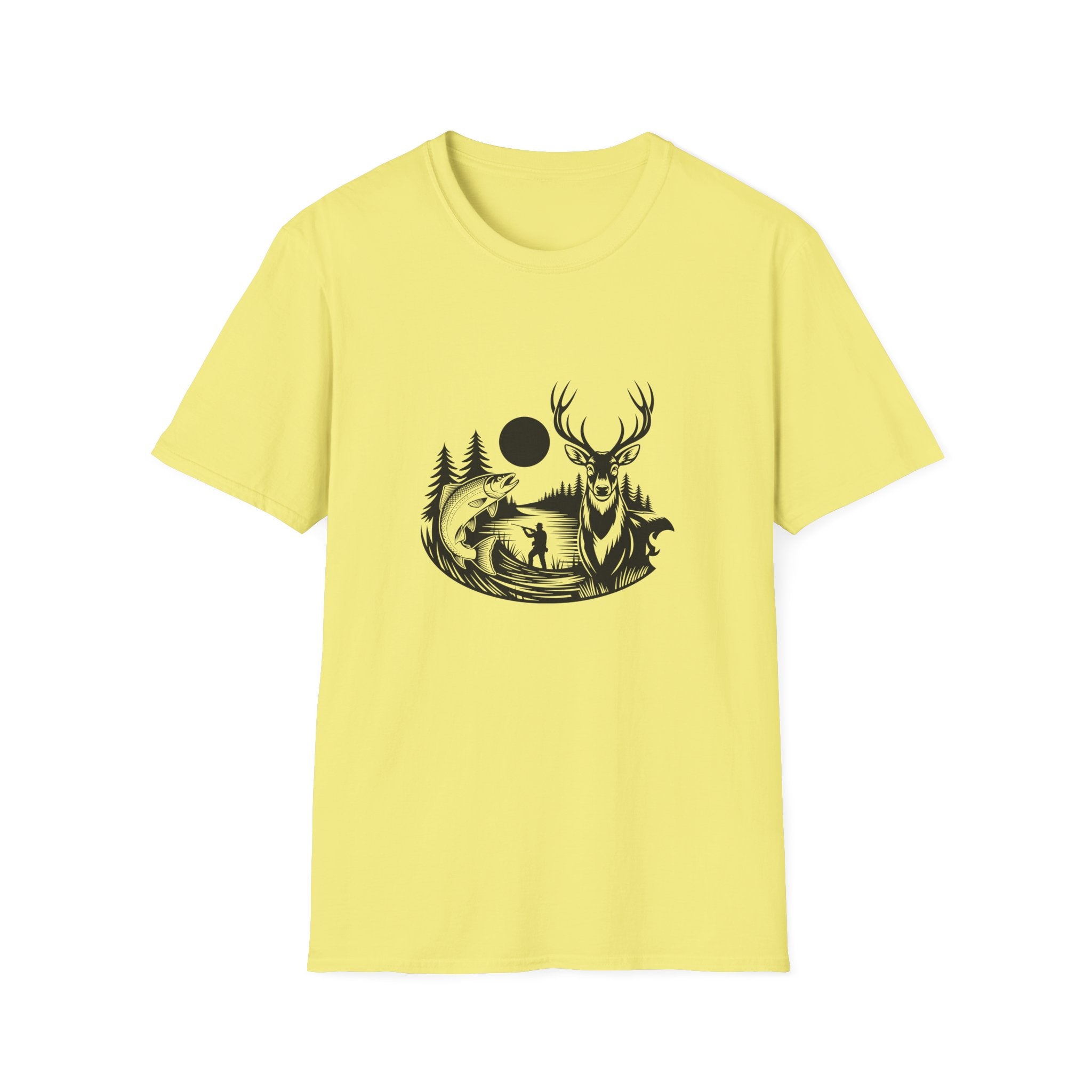 Deer & Fish Forest Silhouette T-Shirt — Rustic Outdoor Gift for Hunters Graphic Tee