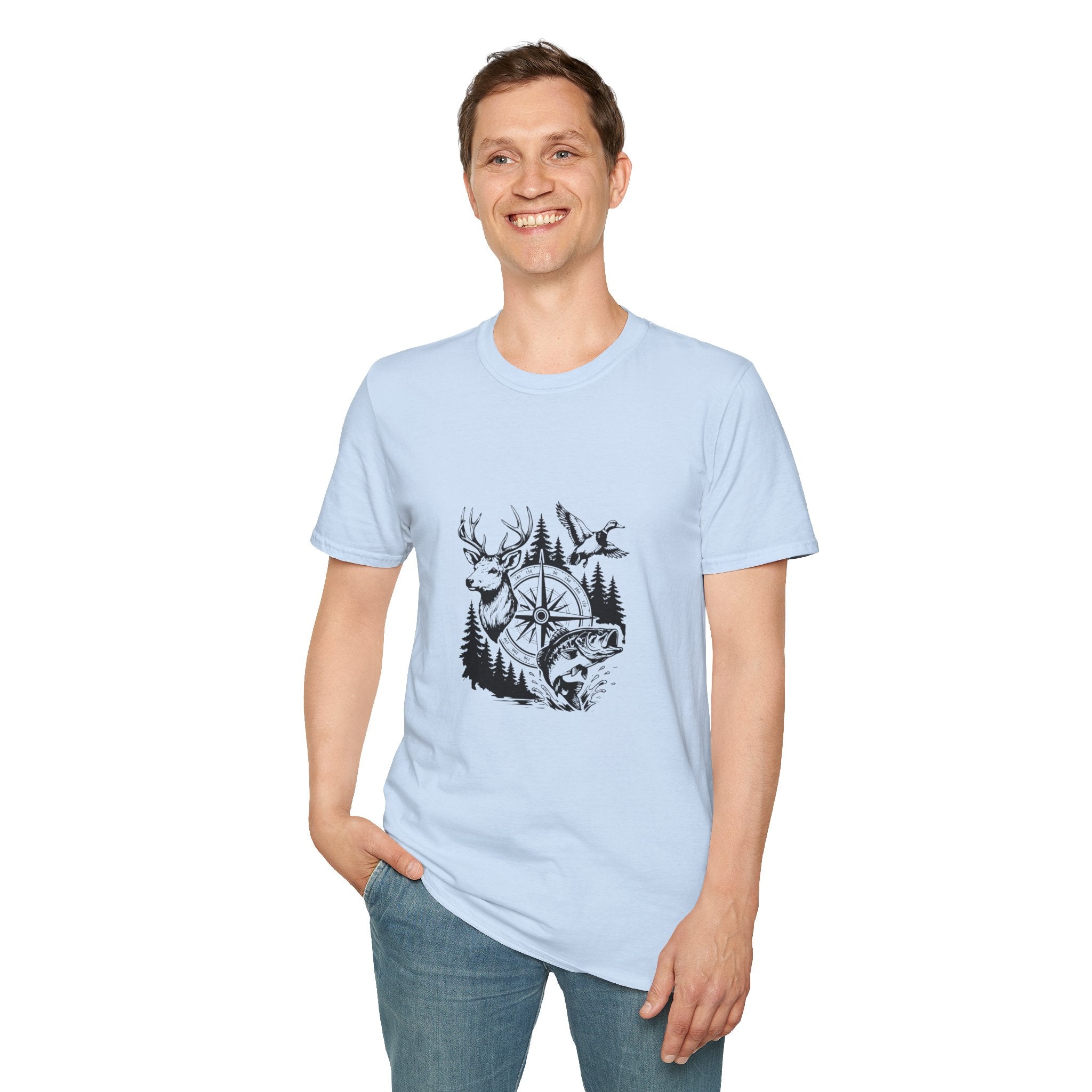 Outdoor Wildlife Compass T-Shirt — Deer Duck & Fish Nature Gift for Hunters
