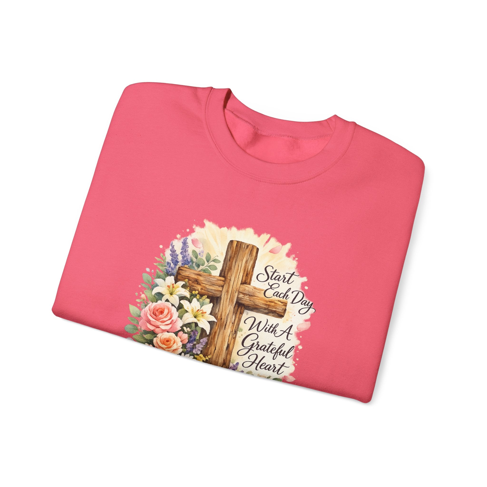 Christian Crewneck Sweatshirt — "Start Each Day with a Grateful Heart" Floral Cross