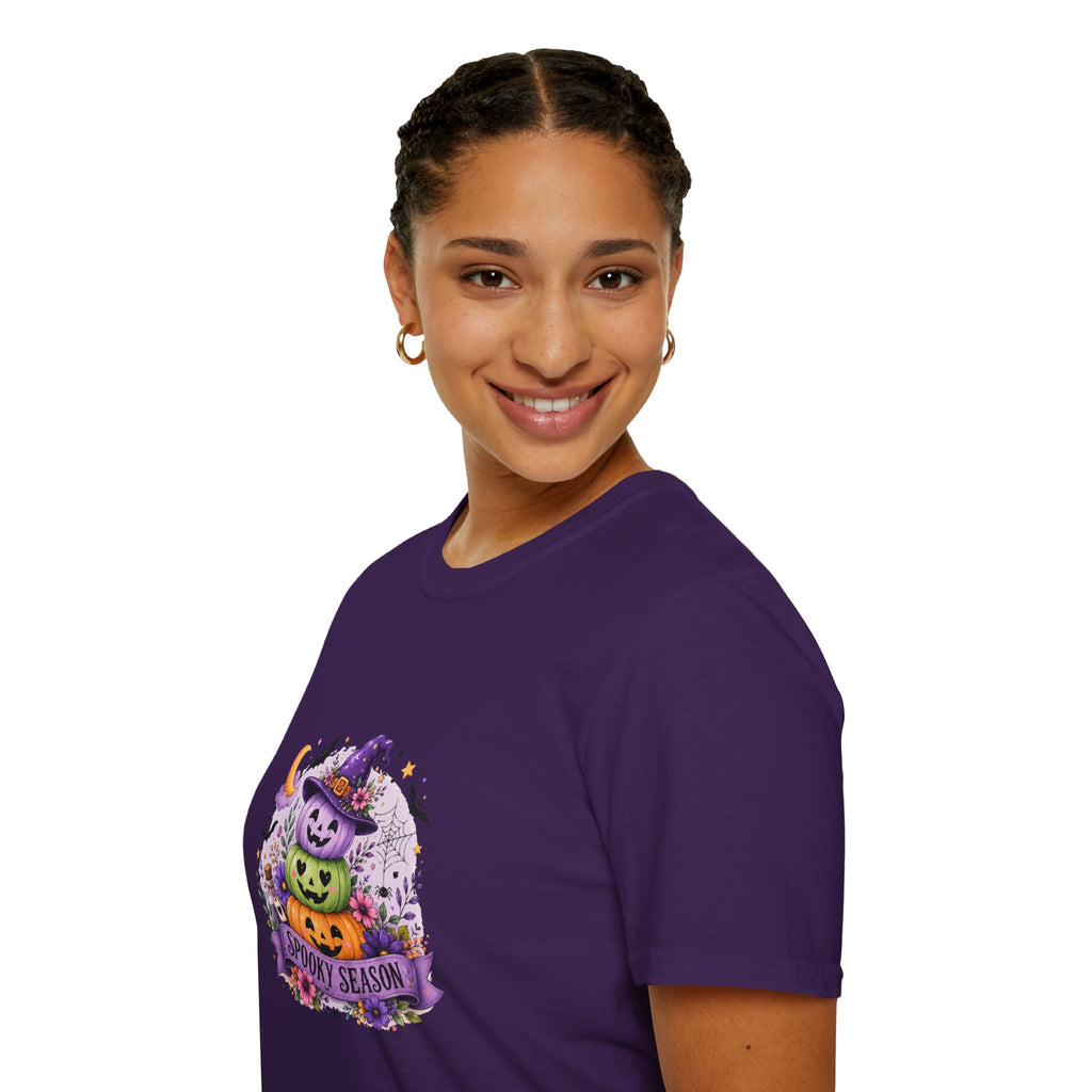 Spooky Season Pumpkin Stack T-Shirt — Cute Halloween Gift for Women Witch Hat Tee