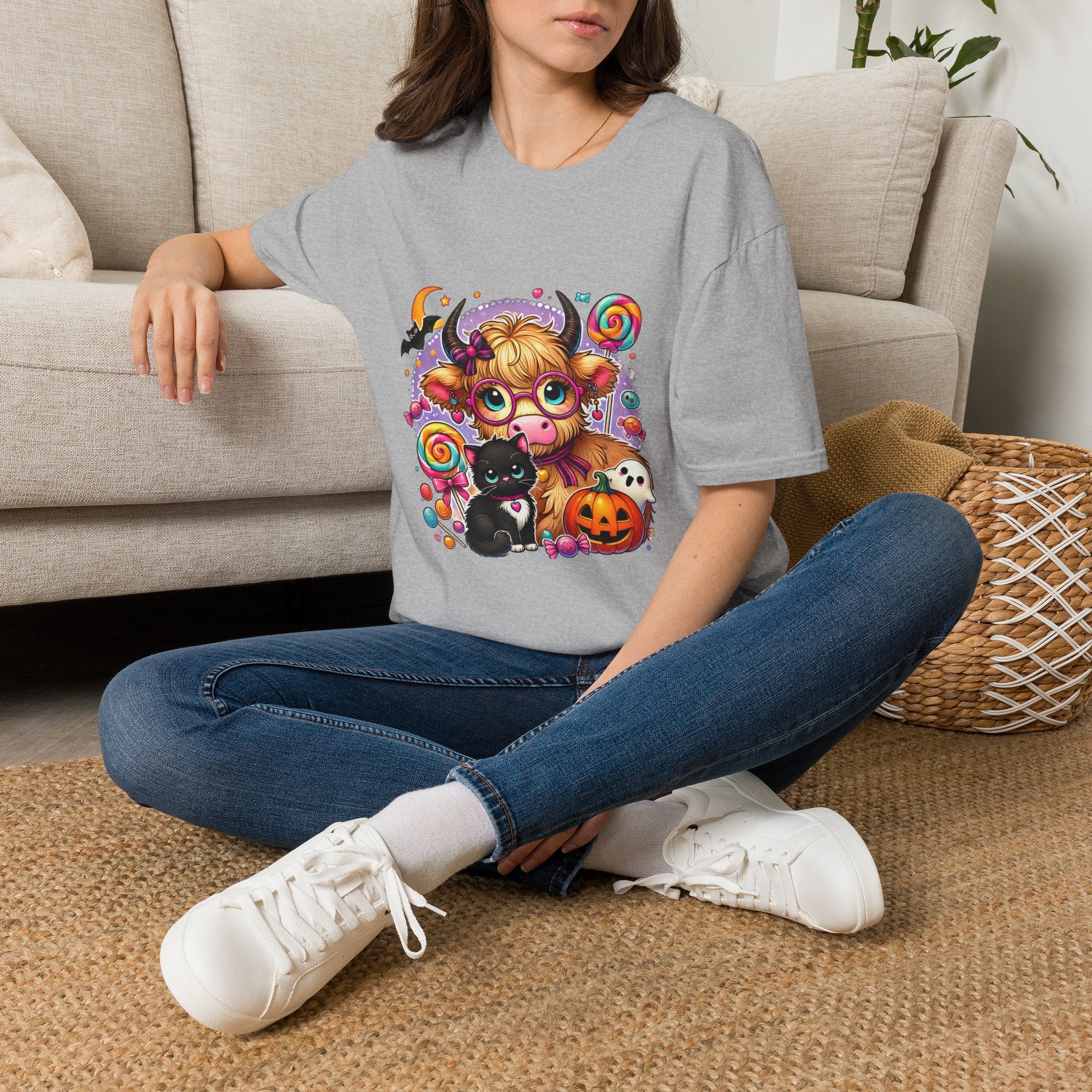 Cute Halloween Cow T-Shirt — Funny Gift for Her Candy Pumpkins & Kitty Costume Tee