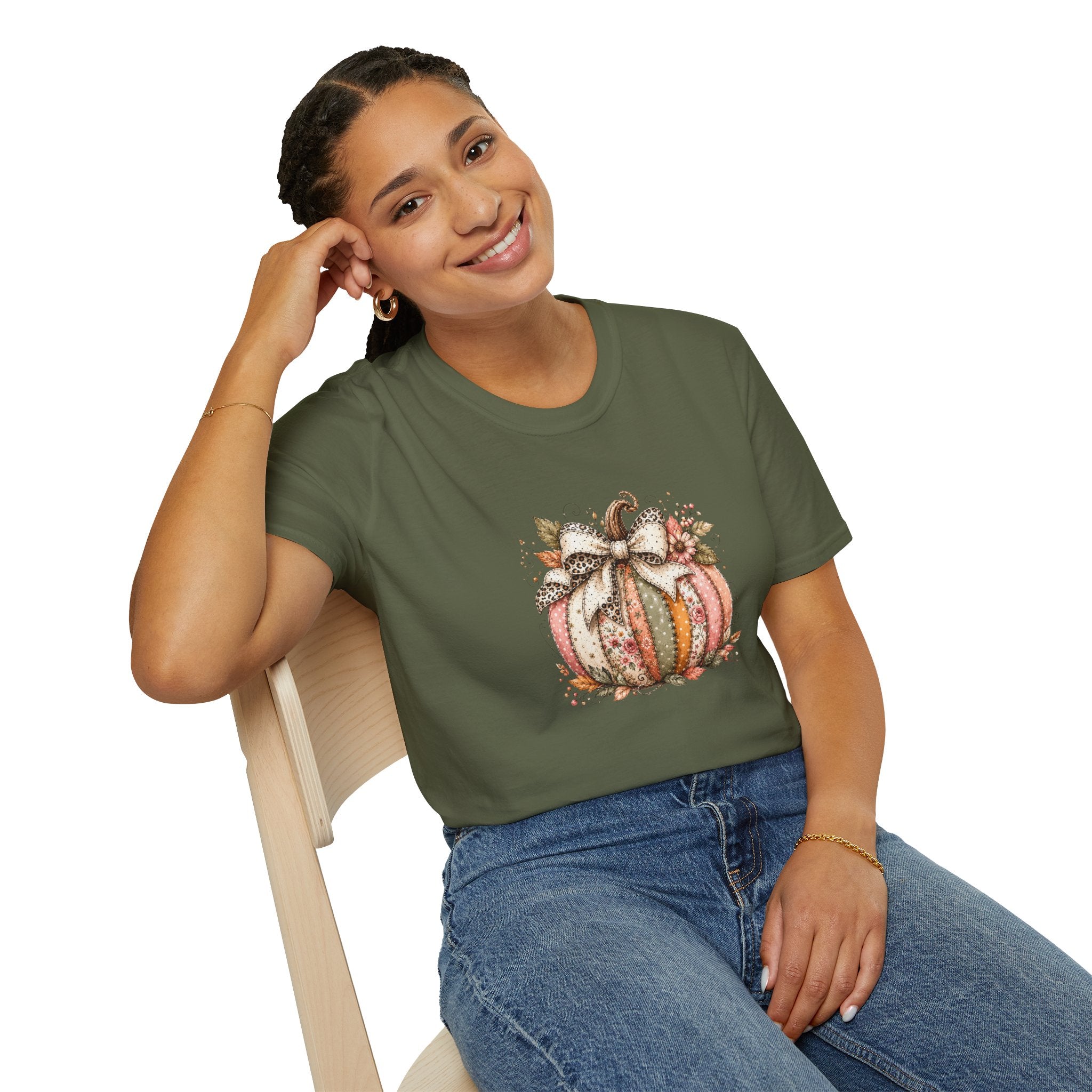 Autumn Floral Pumpkin Leopard Bow T-Shirt — Cute Fall Gift for Women Graphic Tee