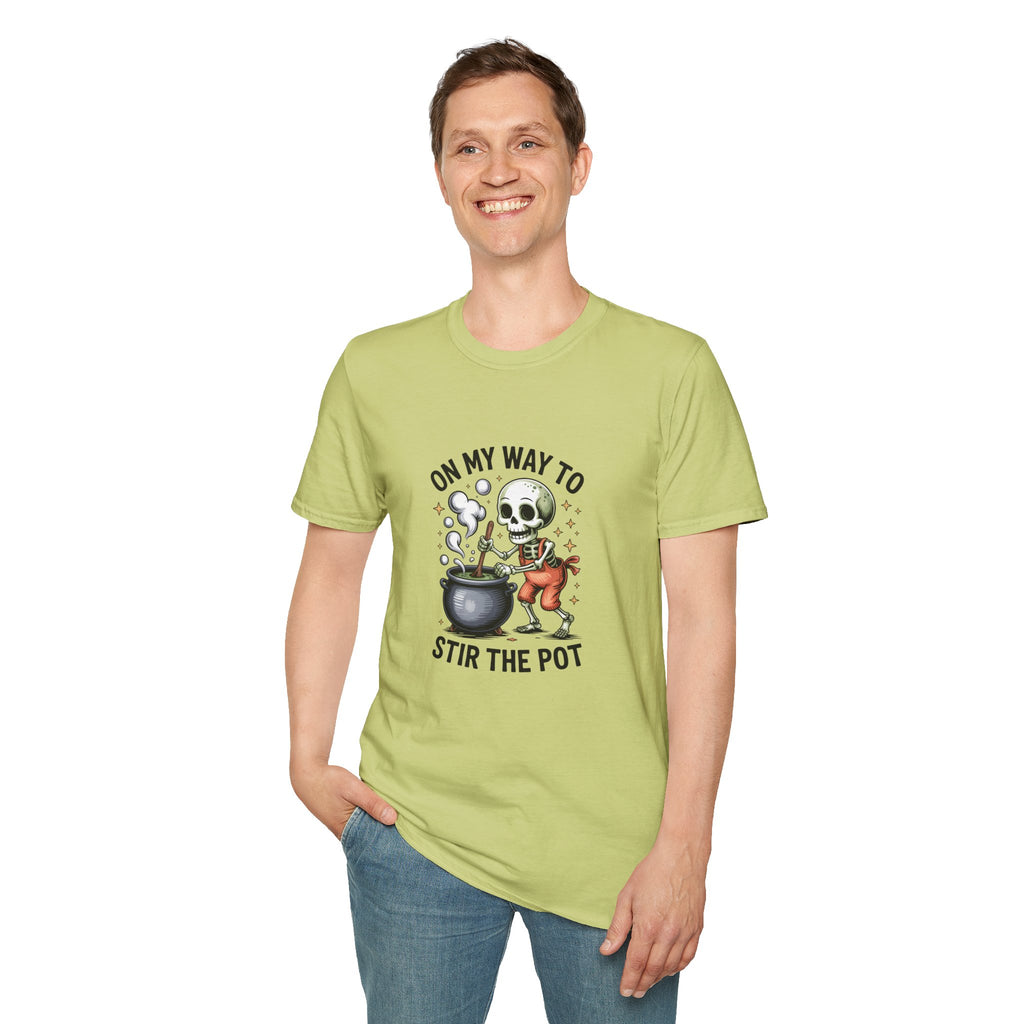 On My Way to Stir the Pot Skeleton T-Shirt — Funny Halloween Gift for Women