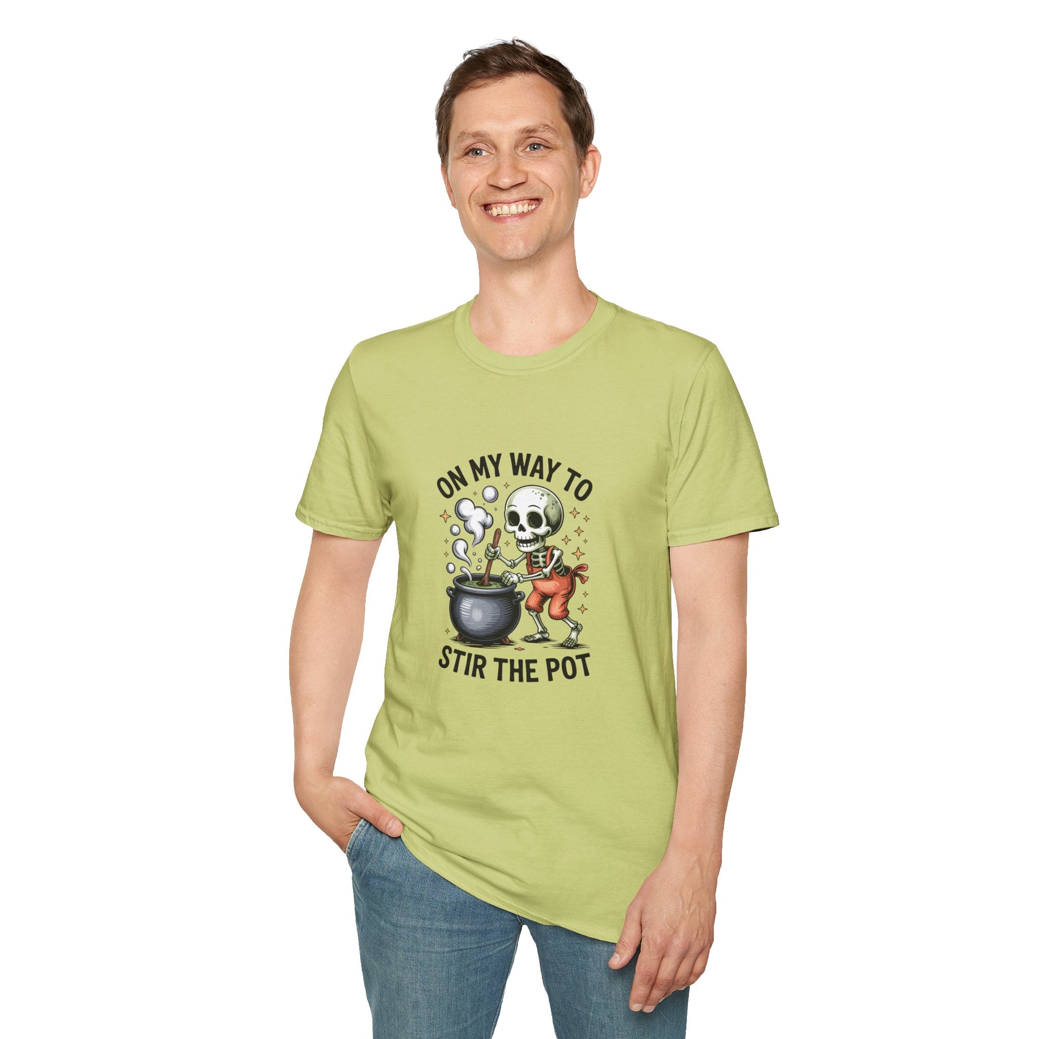 On My Way to Stir the Pot Skeleton T-Shirt — Funny Halloween Gift for Women