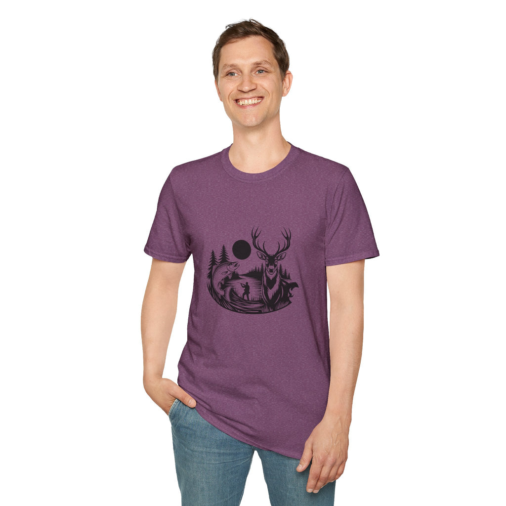 Deer & Fish Forest Silhouette T-Shirt — Rustic Outdoor Gift for Hunters Graphic Tee