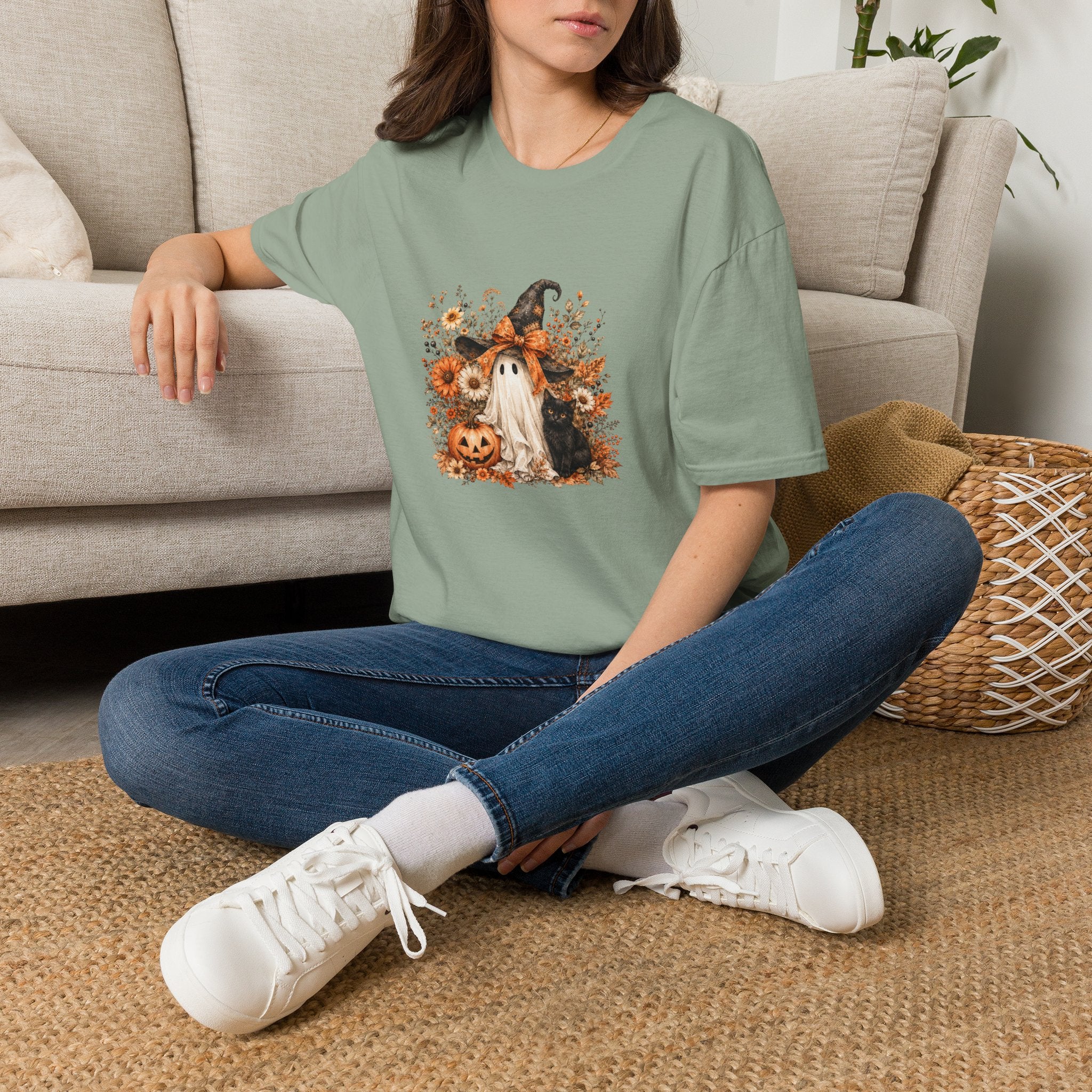 Halloween Witch Ghost & Cat T-Shirt — Cute Spooky Gift for Women Fall Floral Tee