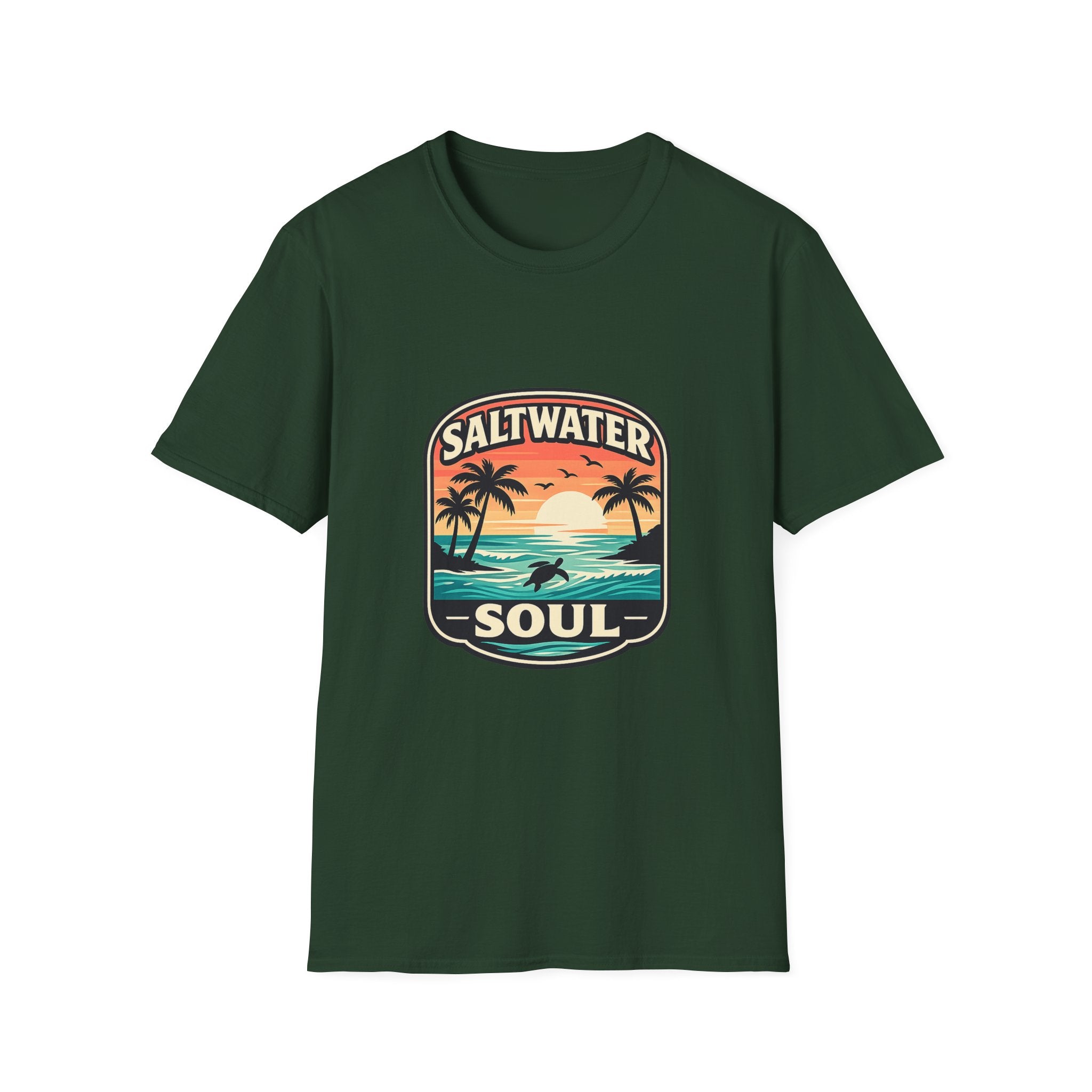 Saltwater Soul Retro Beach T-Shirt — Cute Coastal Gift for Women Sunset Palm Tee