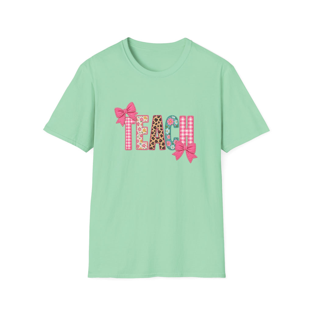 Floral Leopard TEACH T-Shirt — Cute Back-to-School Gift for Teachers Pink Bow Tee
