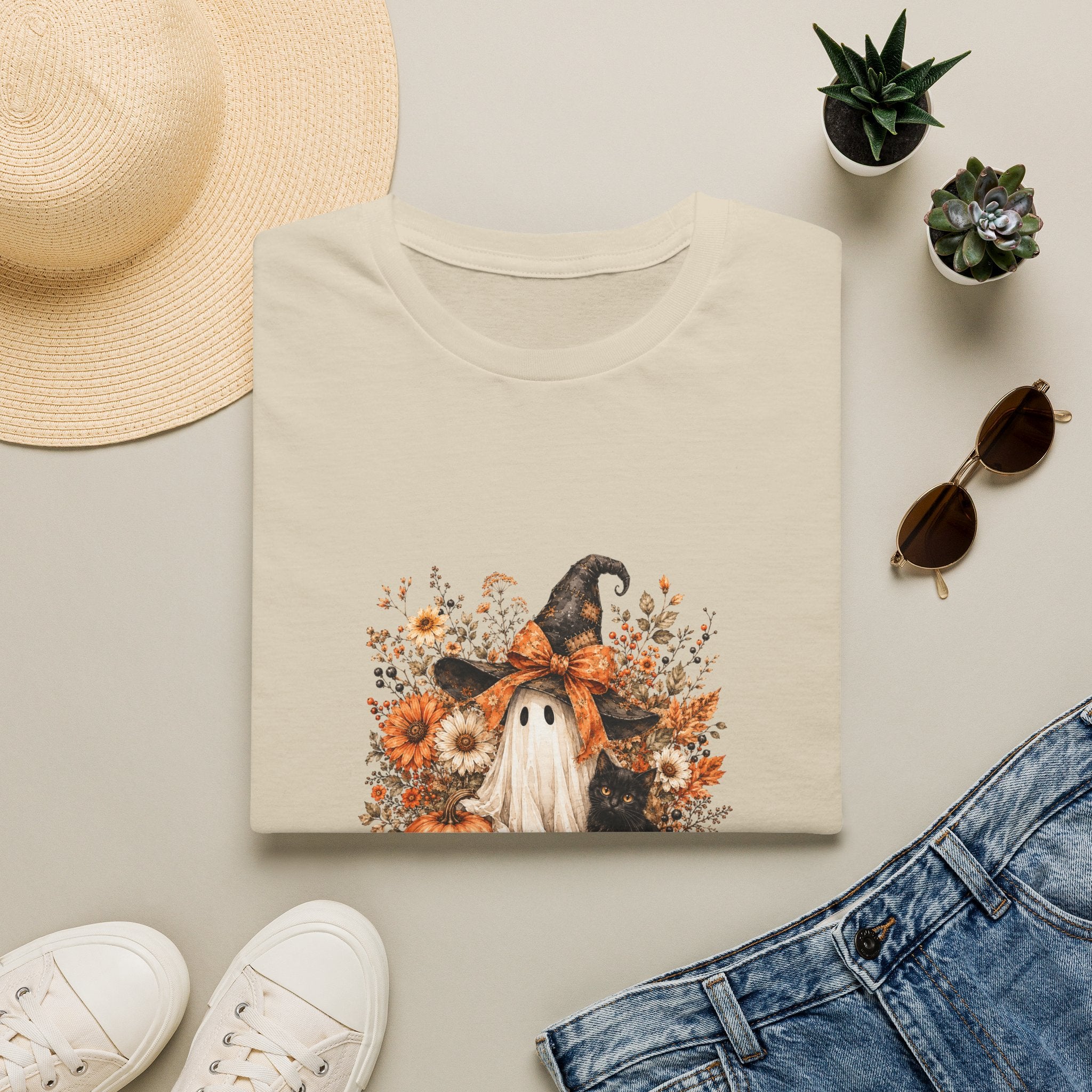 Halloween Witch Ghost & Cat T-Shirt — Cute Spooky Gift for Women Fall Floral Tee