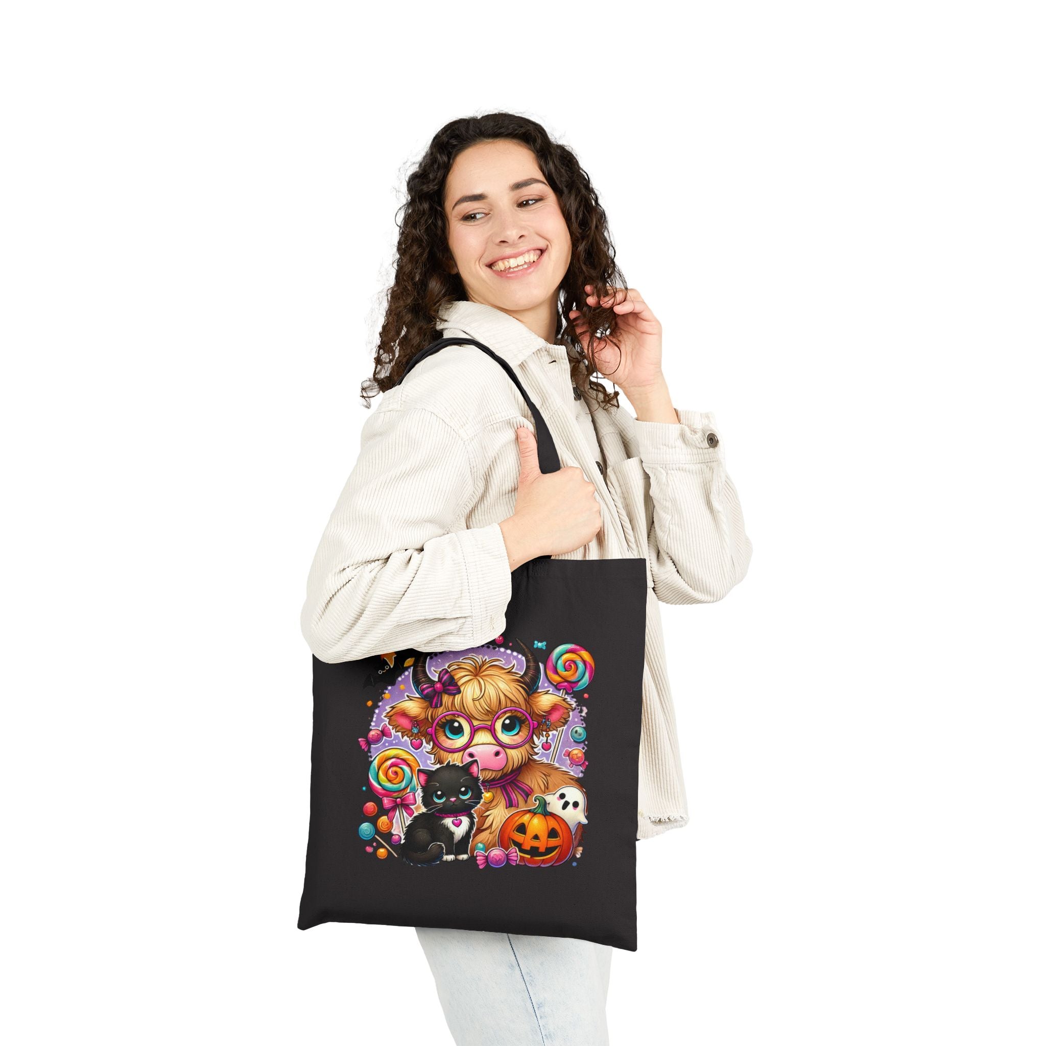 Halloween Cow Costume Canvas Tote Bag — Cute Funny Gift for Her Pumpkin & Cat Shopper