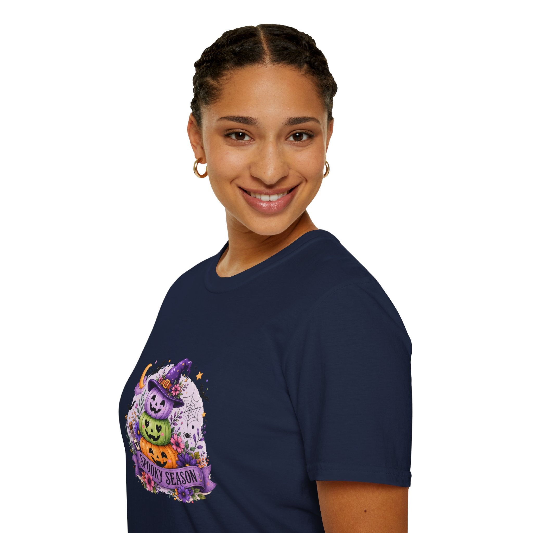 Spooky Season Pumpkin Stack T-Shirt — Cute Halloween Gift for Women Witch Hat Tee
