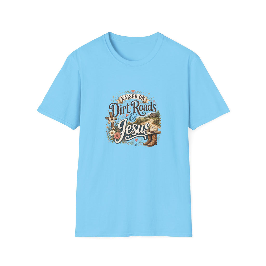 Raised on Dirt Roads & Jesus T-Shirt — Rustic Christian Gift for Women Faith Tee