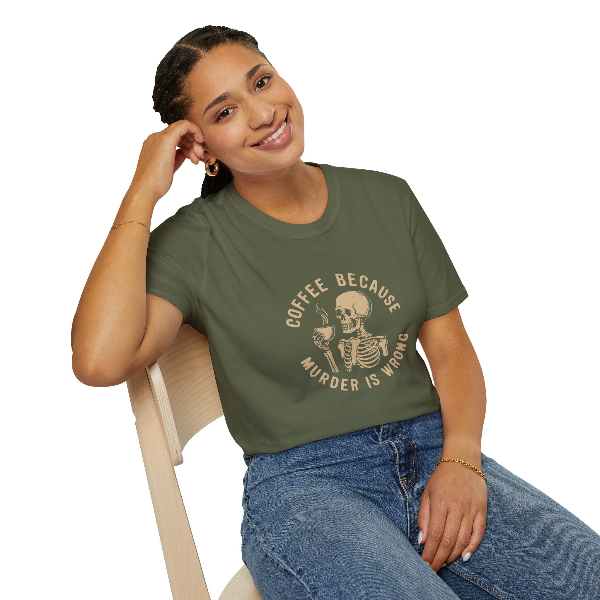 Coffee Because Murder Is Wrong Skull T-Shirt — Funny Dark Humor Gift for Her Graphic Tee