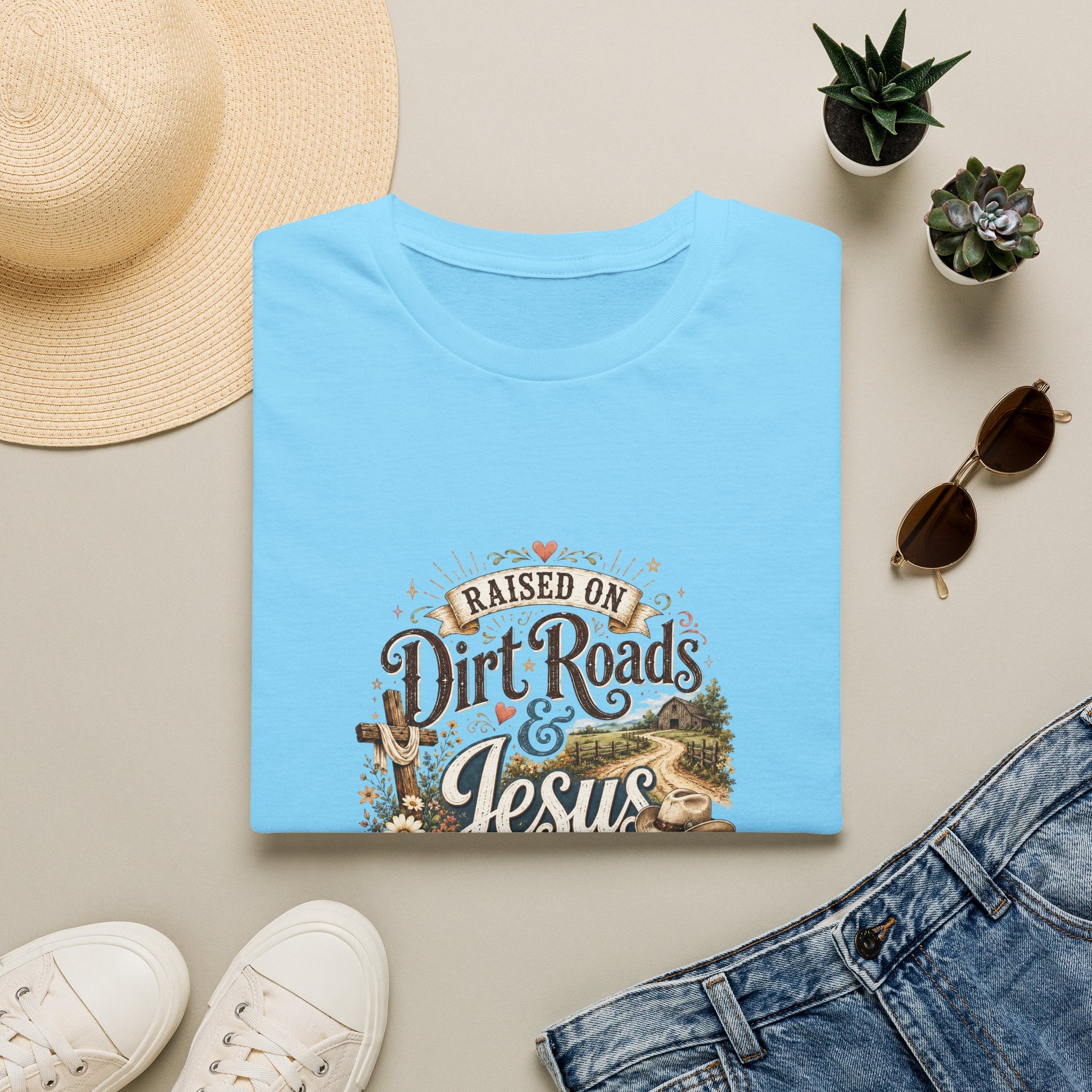 Raised on Dirt Roads & Jesus T-Shirt — Rustic Christian Gift for Women Faith Tee