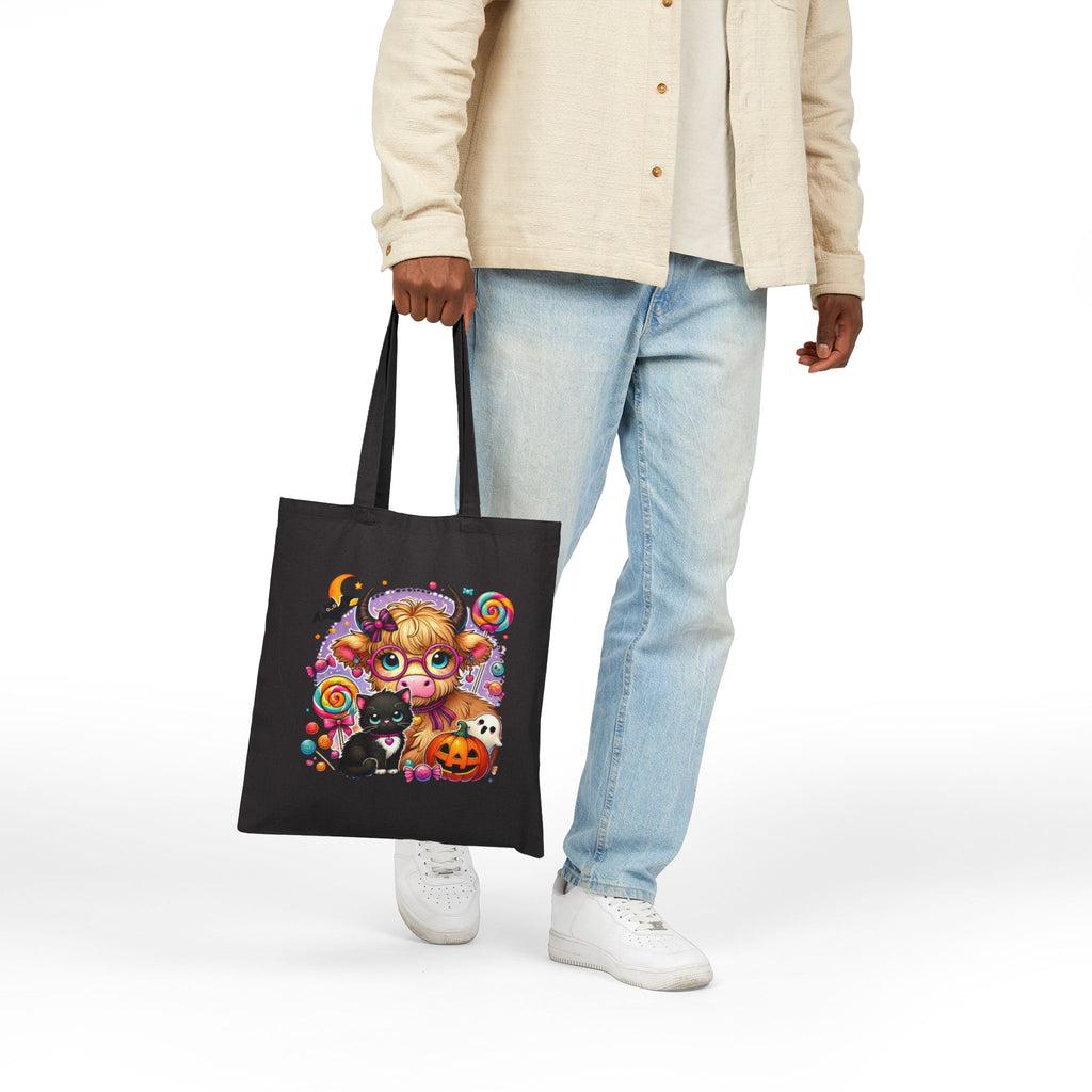 Halloween Cow Costume Canvas Tote Bag — Cute Funny Gift for Her Pumpkin & Cat Shopper