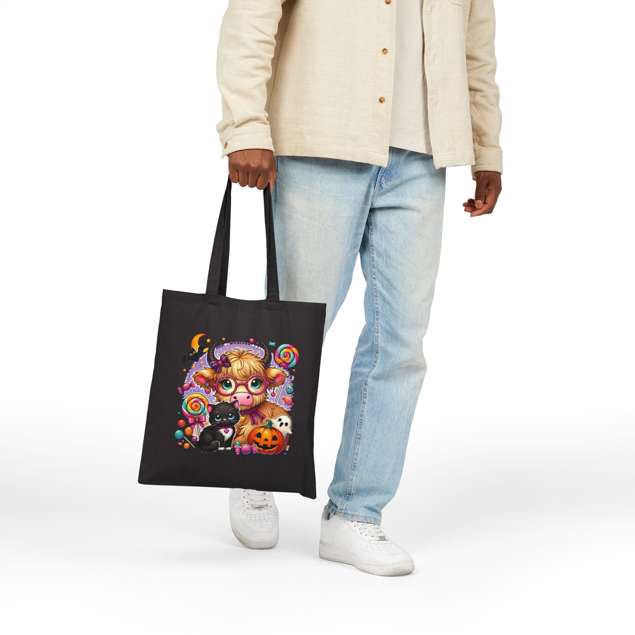 Halloween Cow Costume Canvas Tote Bag — Cute Funny Gift for Her Pumpkin & Cat Shopper