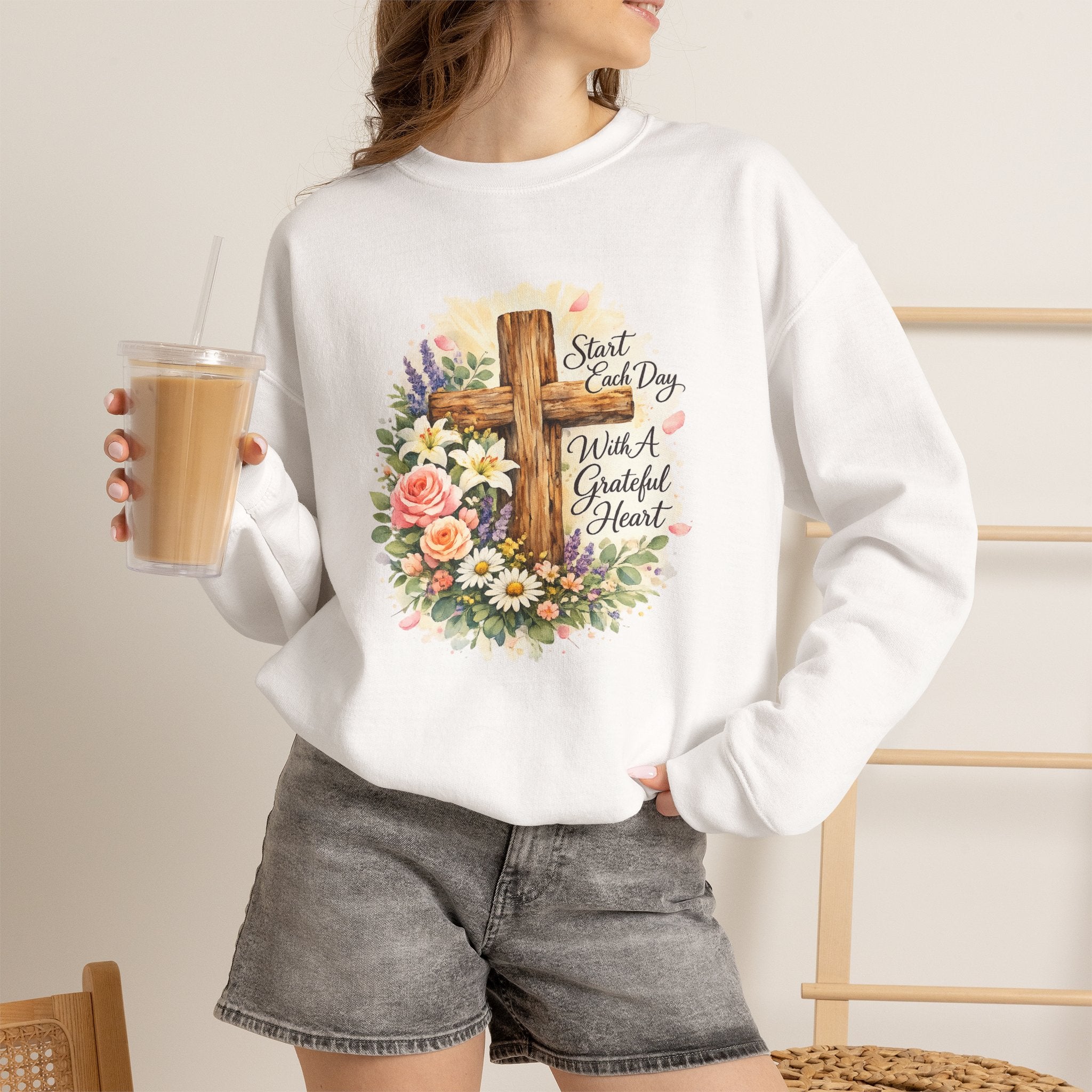 Christian Crewneck Sweatshirt — "Start Each Day with a Grateful Heart" Floral Cross