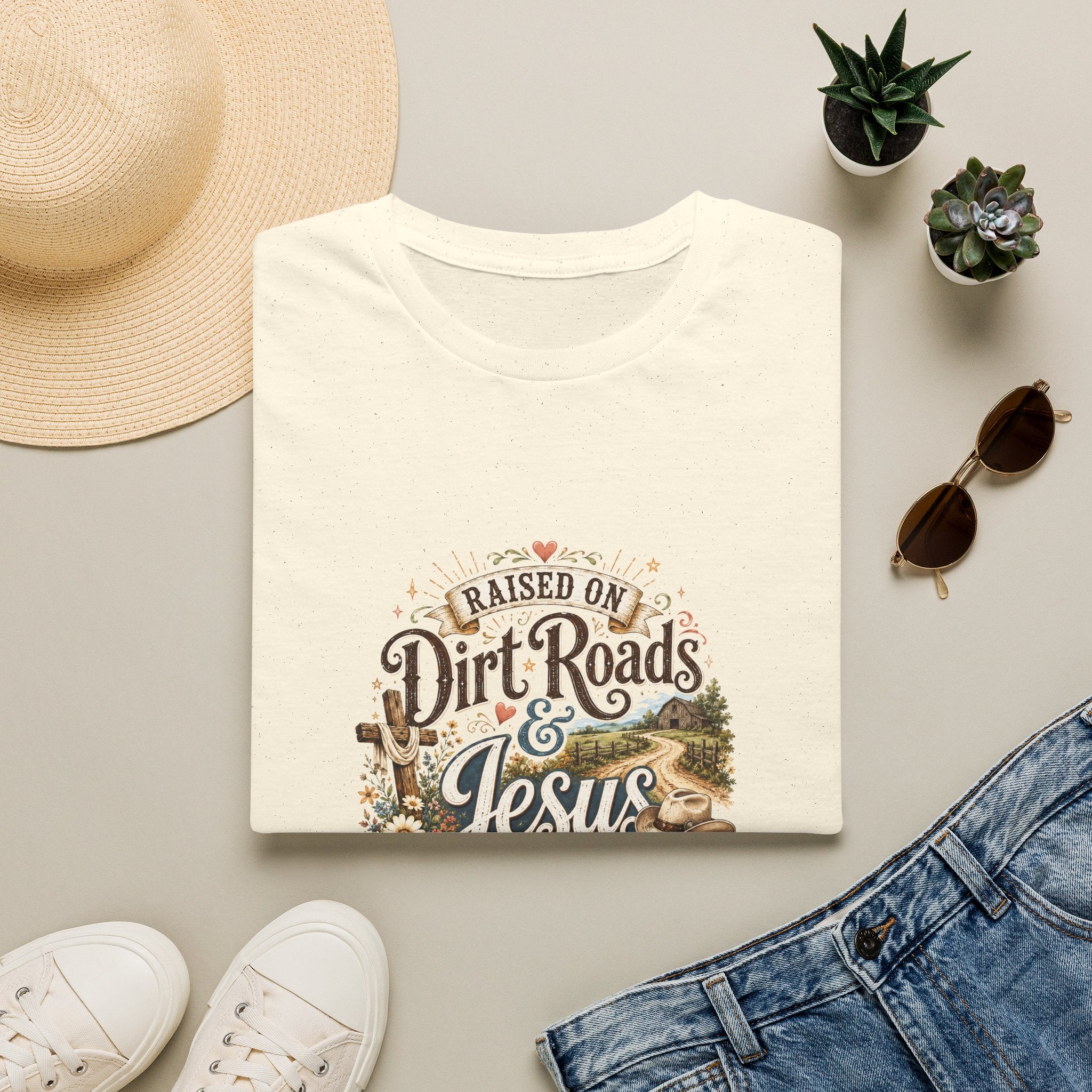 Raised on Dirt Roads & Jesus T-Shirt — Rustic Christian Gift for Women Faith Tee