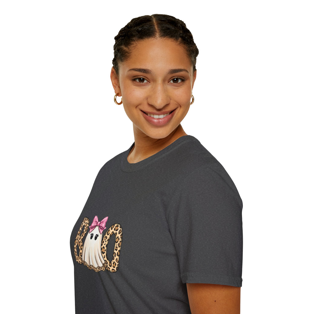 Boo Leopard Ghost T-Shirt — Cute Pink Bow Halloween Gift for Women Graphic Tee