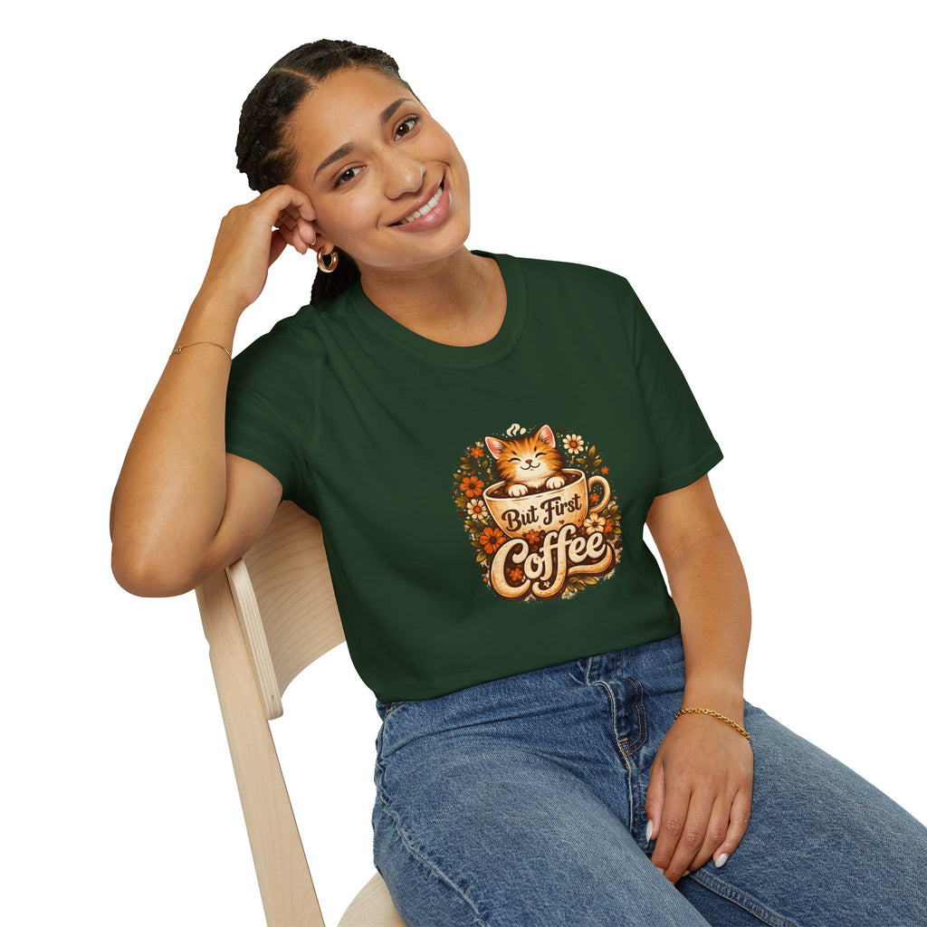 But First Coffee Cat T-Shirt — Cute Floral Gift for Coffee Lovers Women's Tee