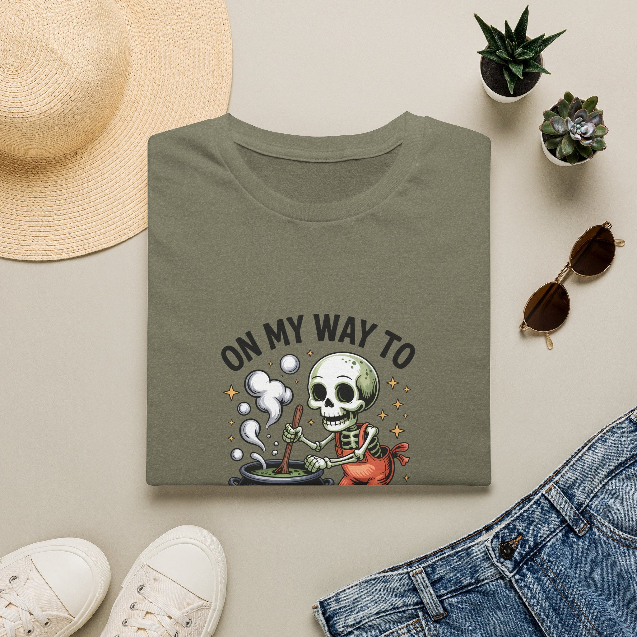 On My Way to Stir the Pot Skeleton T-Shirt — Funny Halloween Gift for Women