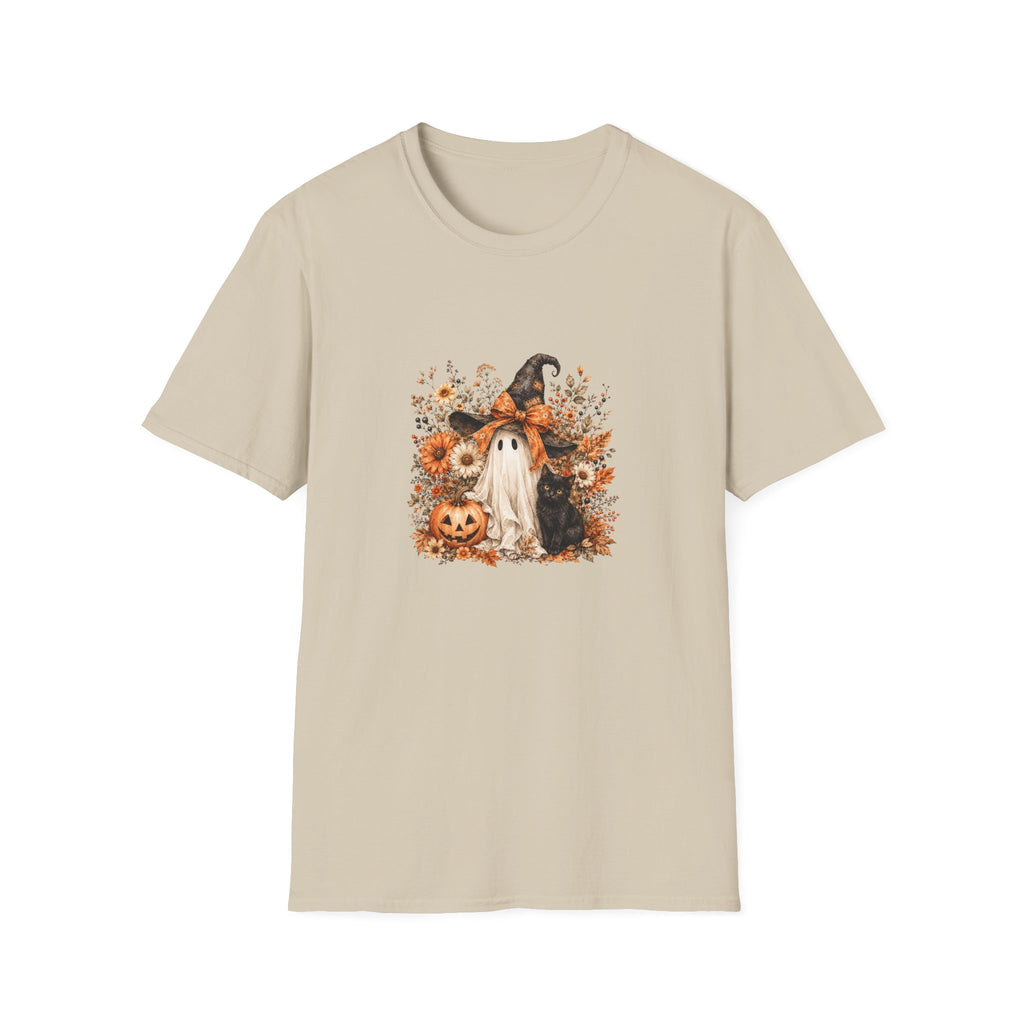 Halloween Witch Ghost & Cat T-Shirt — Cute Spooky Gift for Women Fall Floral Tee