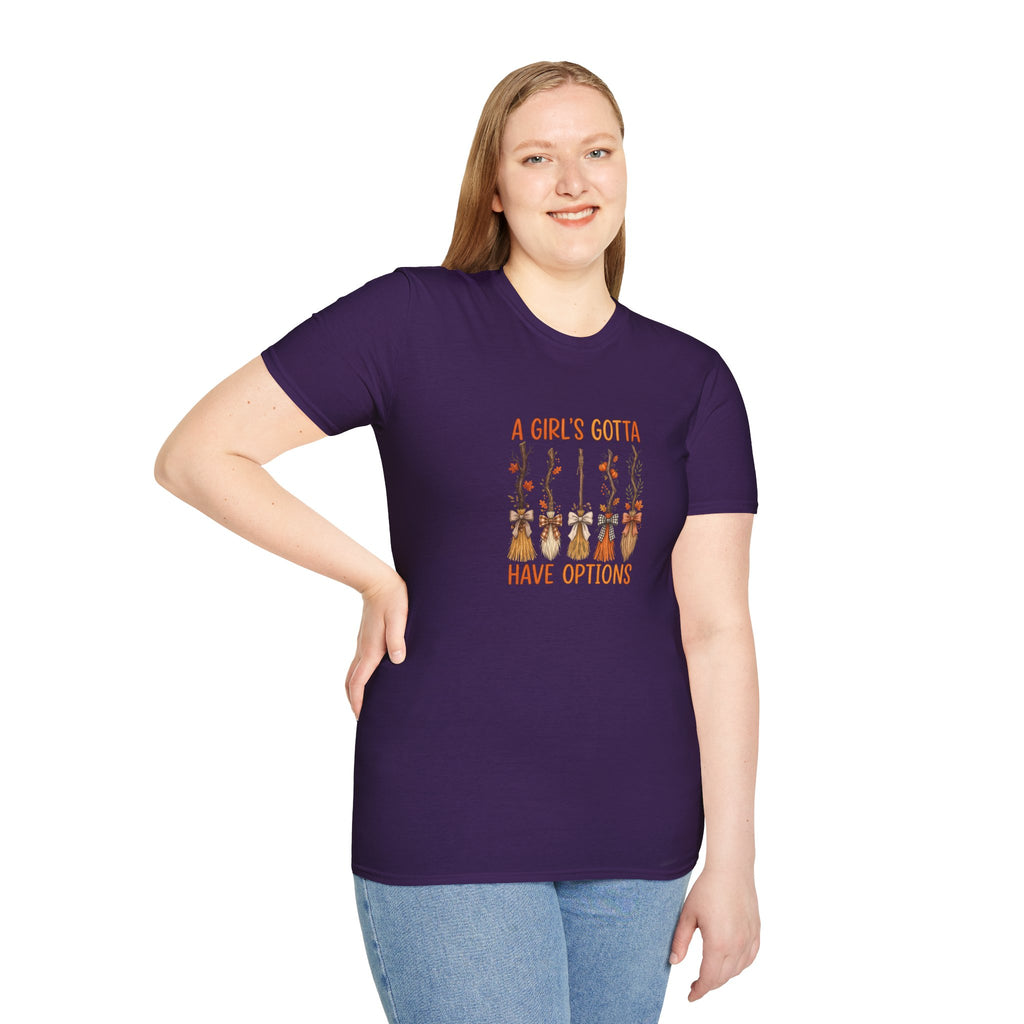 A Girl's Gotta Have Options Witch Brooms T-Shirt — Funny Halloween Gift for Women
