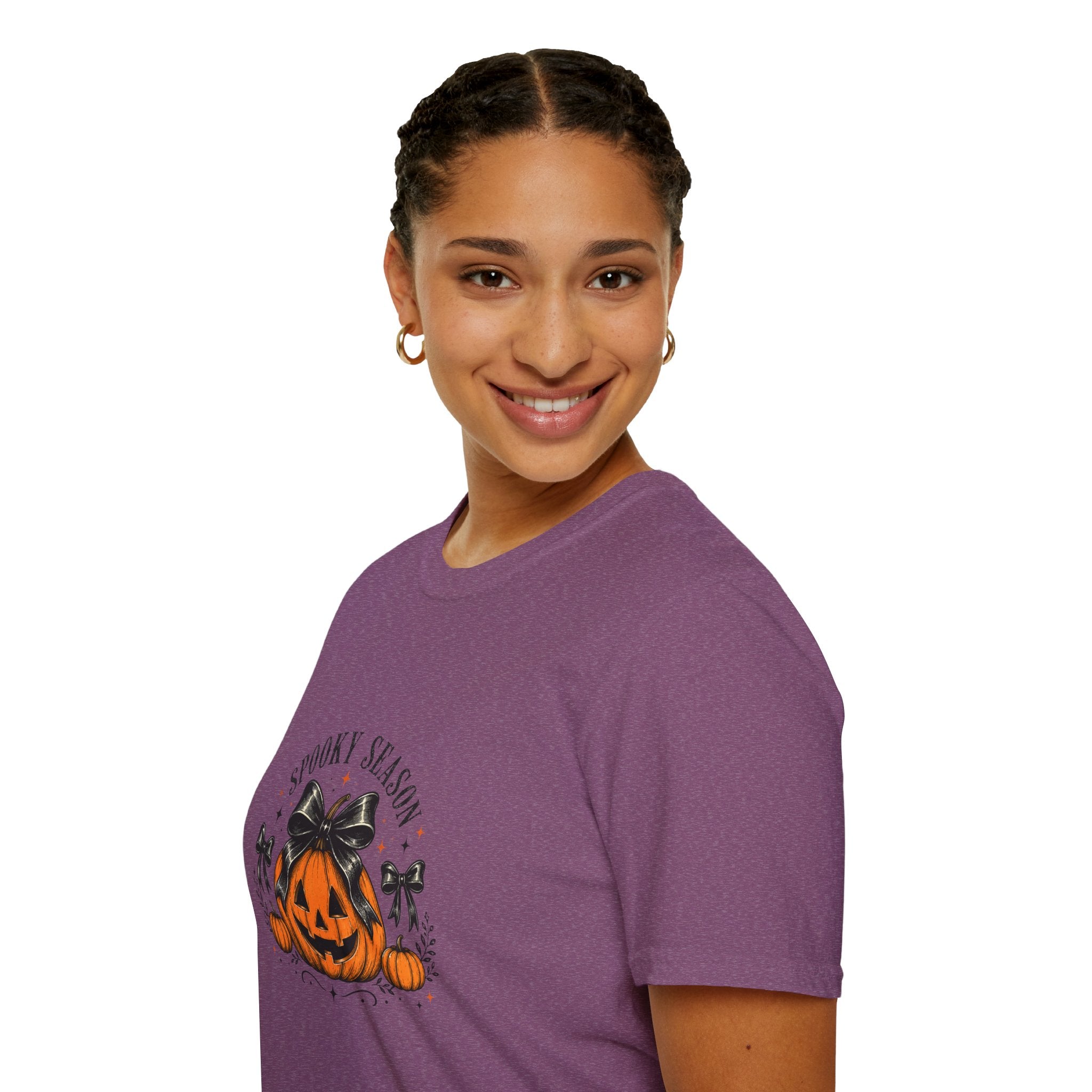 Spooky Season Jack-O'-Lantern Bow T-Shirt — Cute Halloween Gift for Women Graphic Tee
