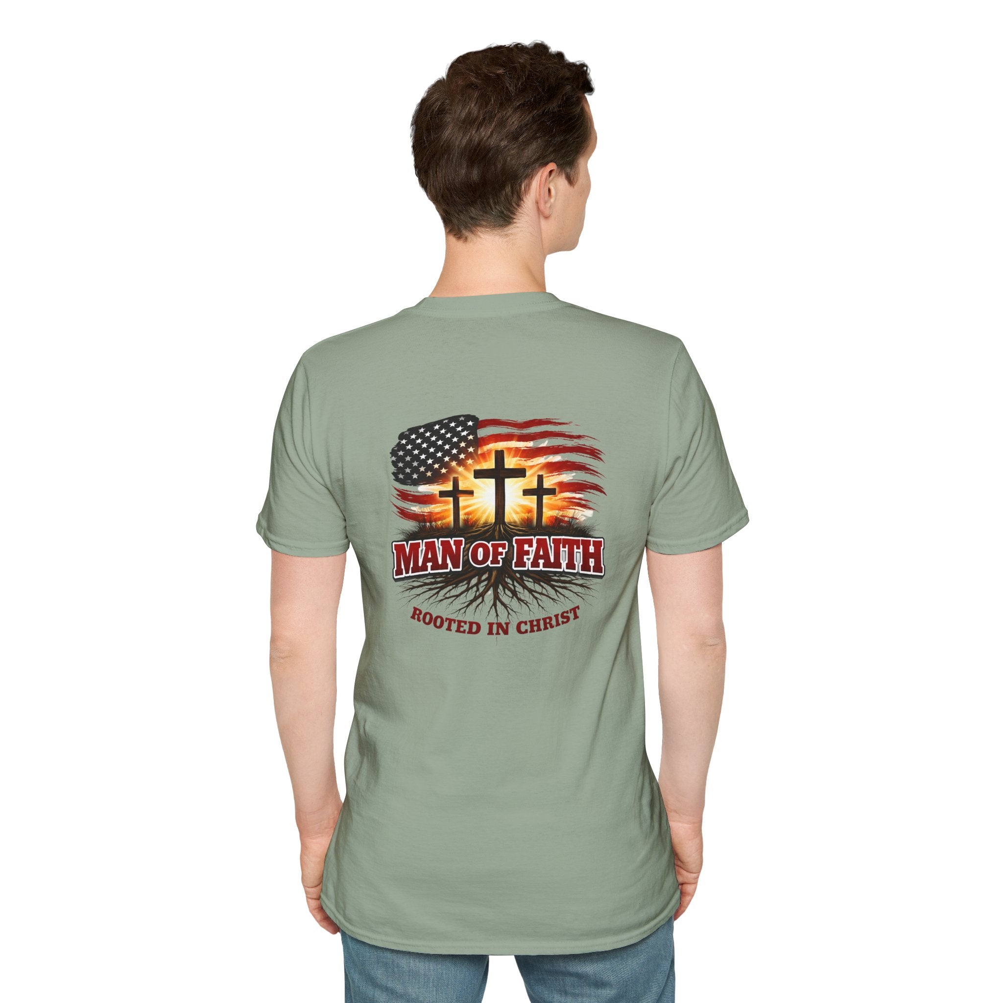Man of Faith Rooted in Christ T-Shirt — Christian Gift for Him Flag & Cross Back Print Graphic Tee