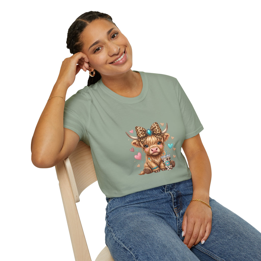 Highland Cow Leopard Bow T-Shirt — Cute Funny Gift for Her Hearts Graphic Tee