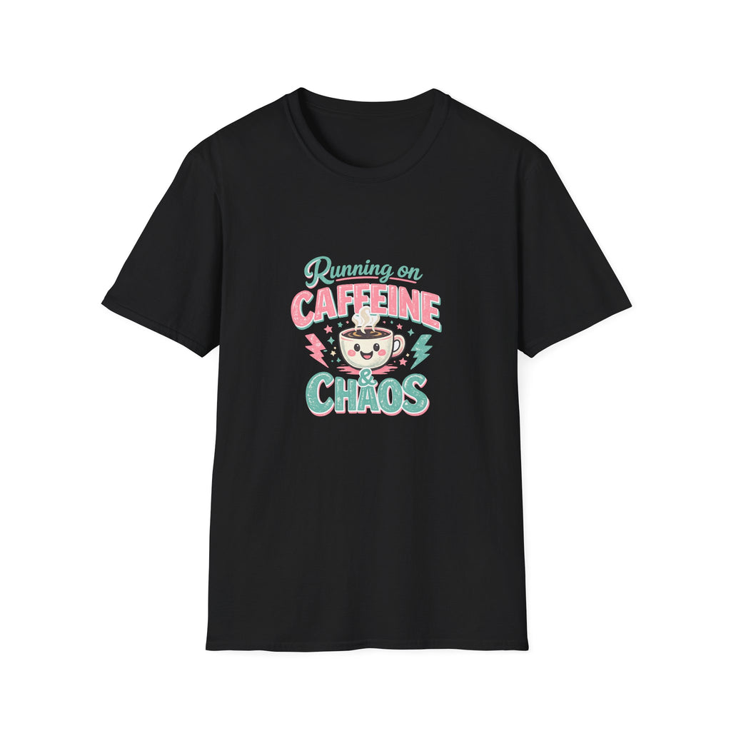 Running on Caffeine & Chaos T-Shirt — Funny Gift for Coffee Loving Moms Graphic Tee